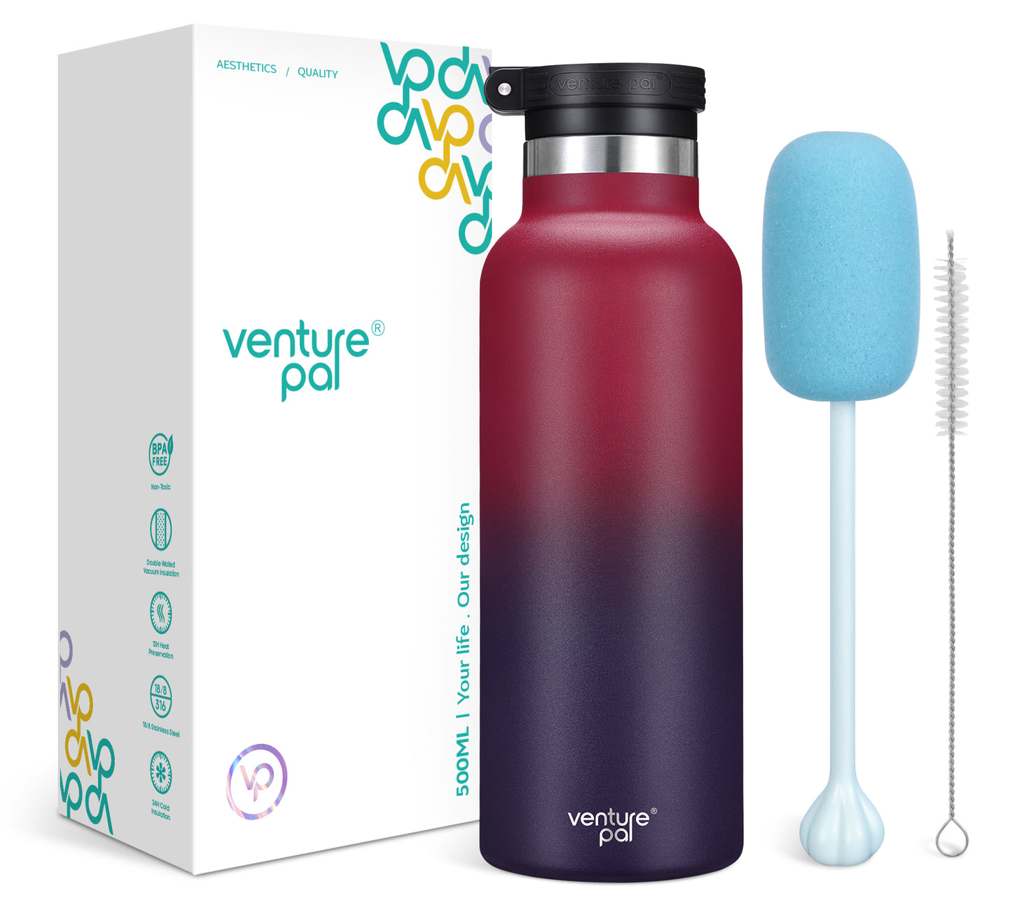 Venture Pal 17oz Vacuum Insulated Water Bottle with Straw Lid & Portable Carrying Handle - Comes with a Complimentary Cleaning Brush and Straw Brush