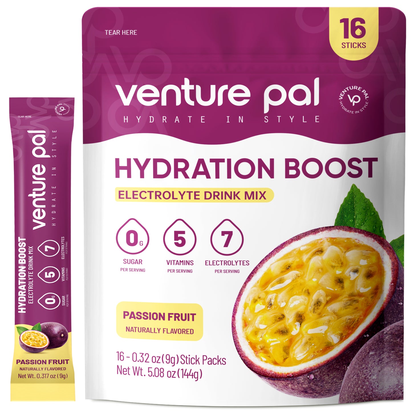 Venture Pal Sugar Free Electrolyte Powder Packets - Passion Fruit Flavor - 16 Sticks