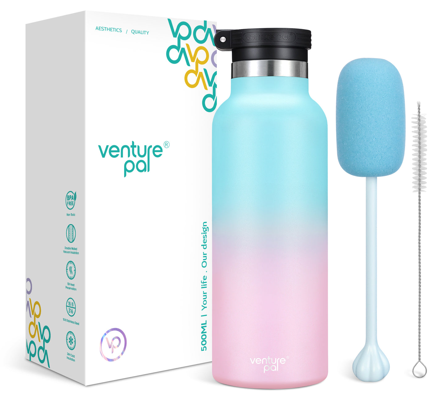 Venture Pal 17oz Vacuum Insulated Water Bottle with Straw Lid & Portable Carrying Handle - Comes with a Complimentary Cleaning Brush and Straw Brush