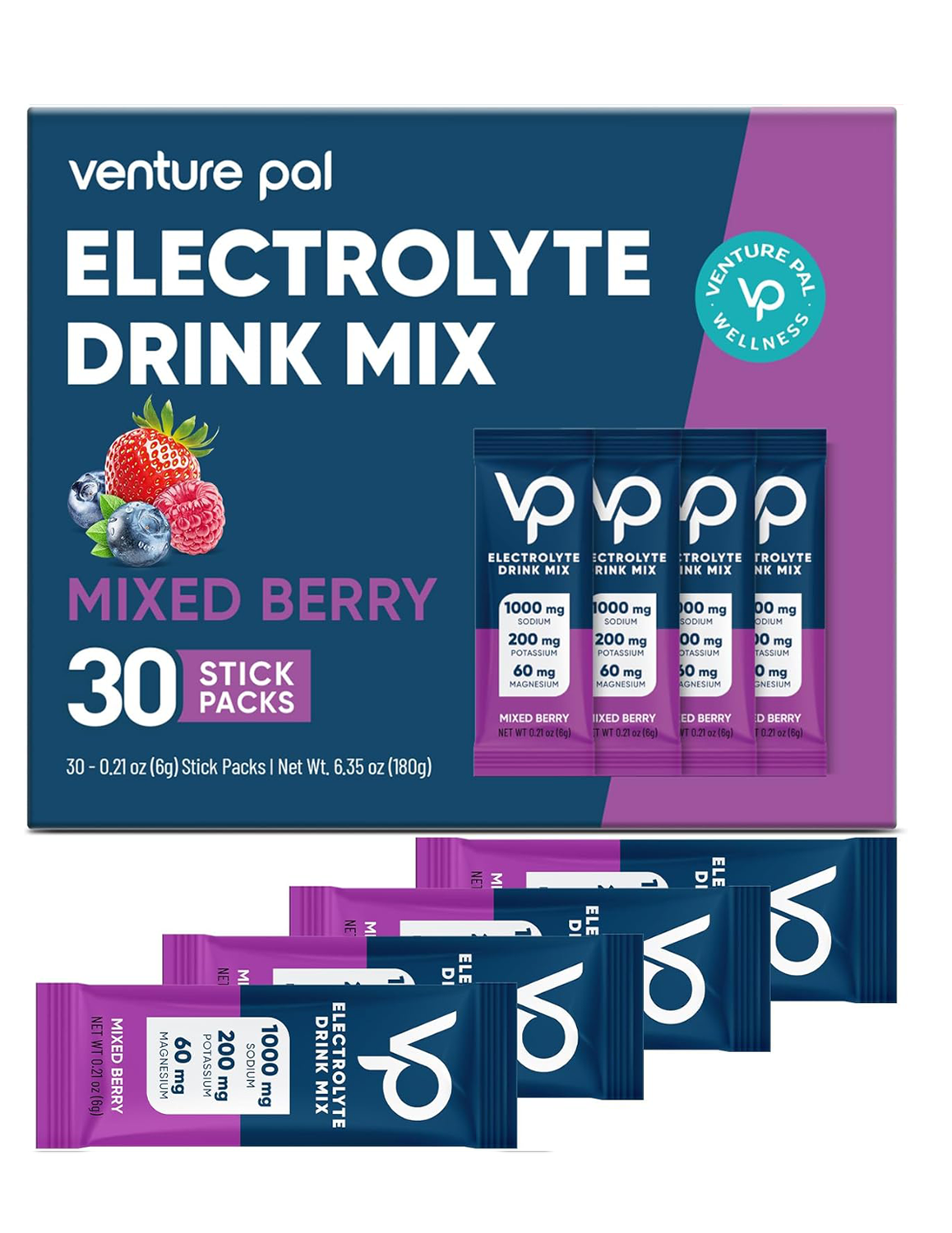 Venture Pal High Sodium Sugar Free Electrolytes Powder Packet -Mixed Berry Salt - 30 Sticks