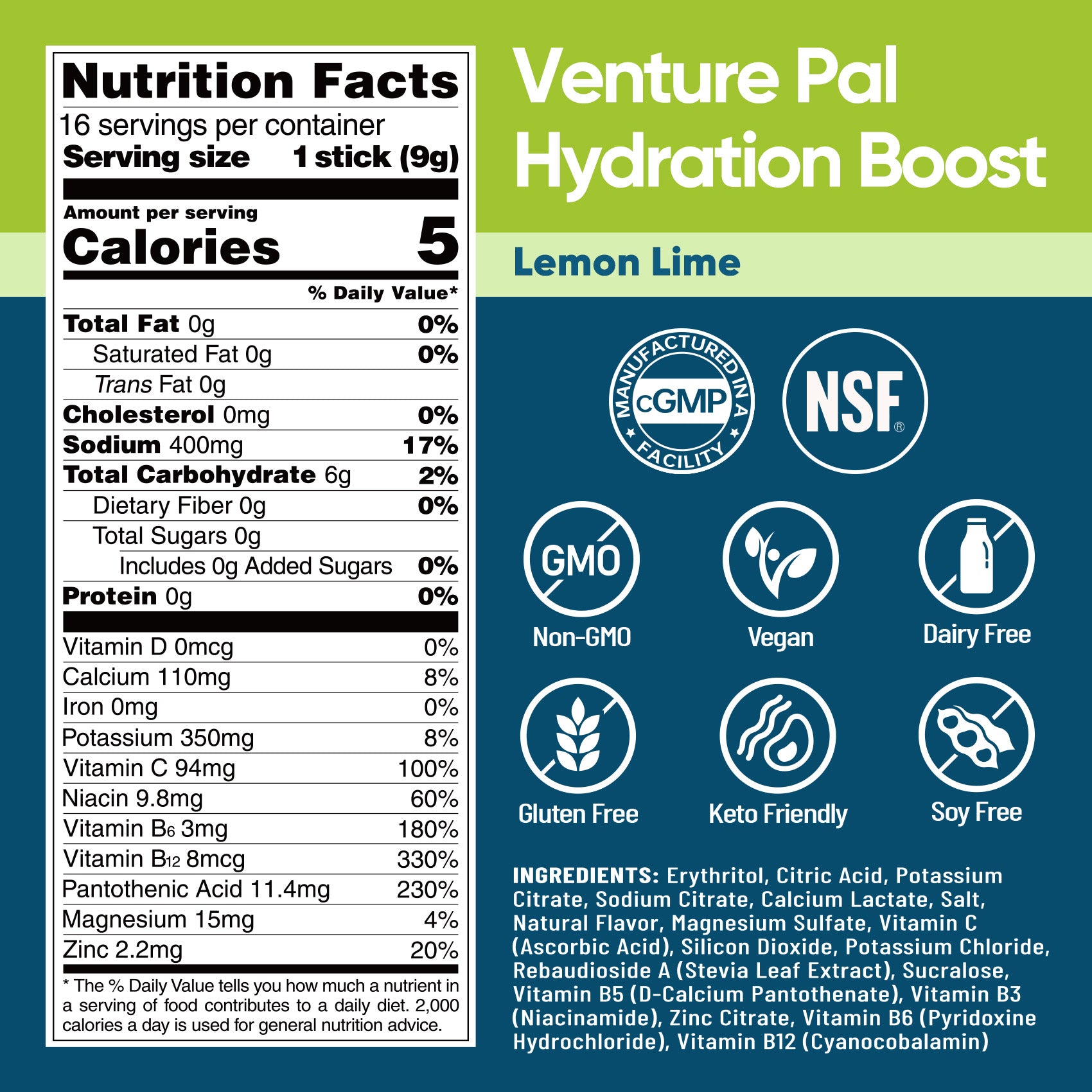 Sugar Free Electrolyte Powder Packets - Lemon Lime - 16 Sticks