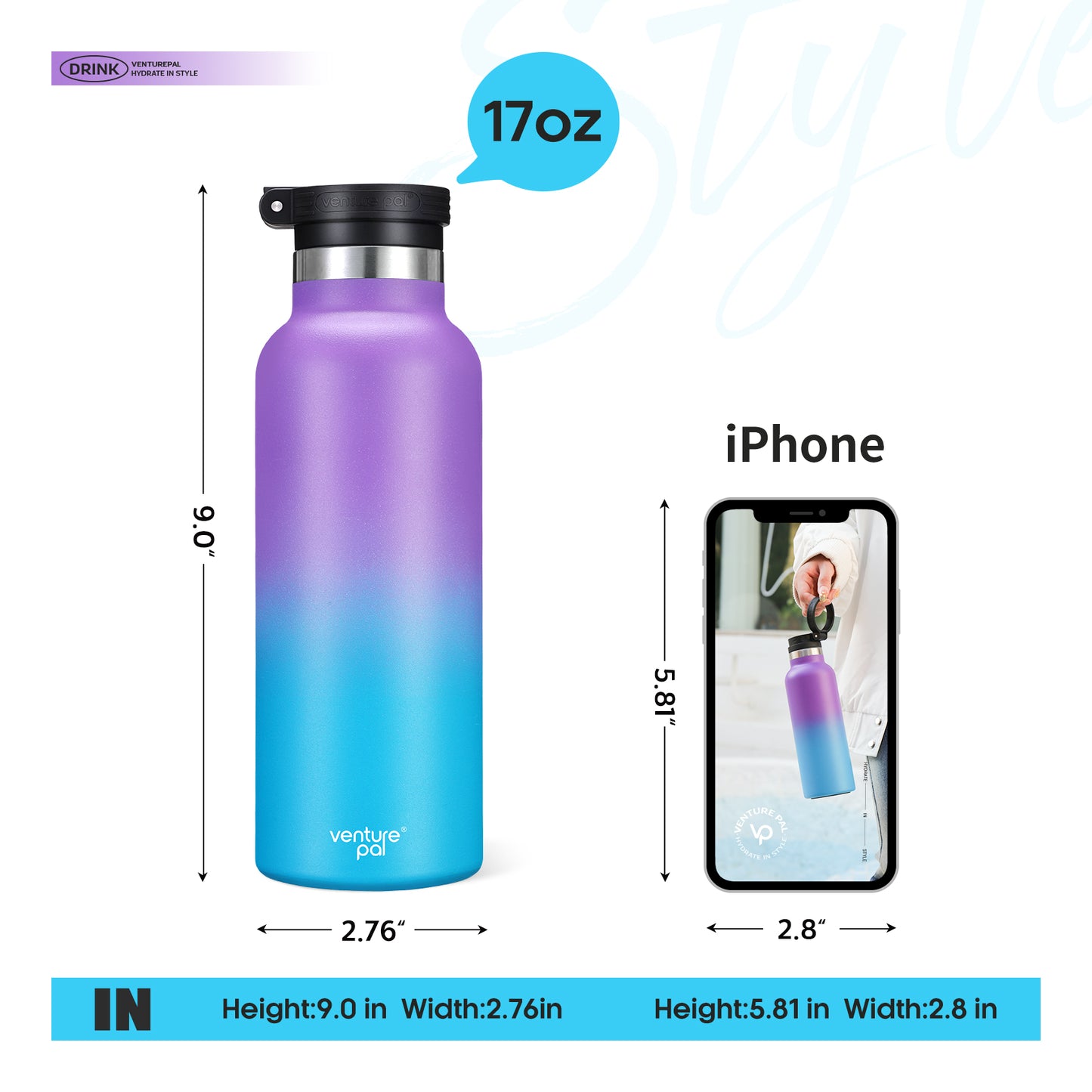 Venture Pal 17oz Vacuum Insulated Water Bottle with Straw Lid & Portable Carrying Handle - Comes with a Complimentary Cleaning Brush and Straw Brush