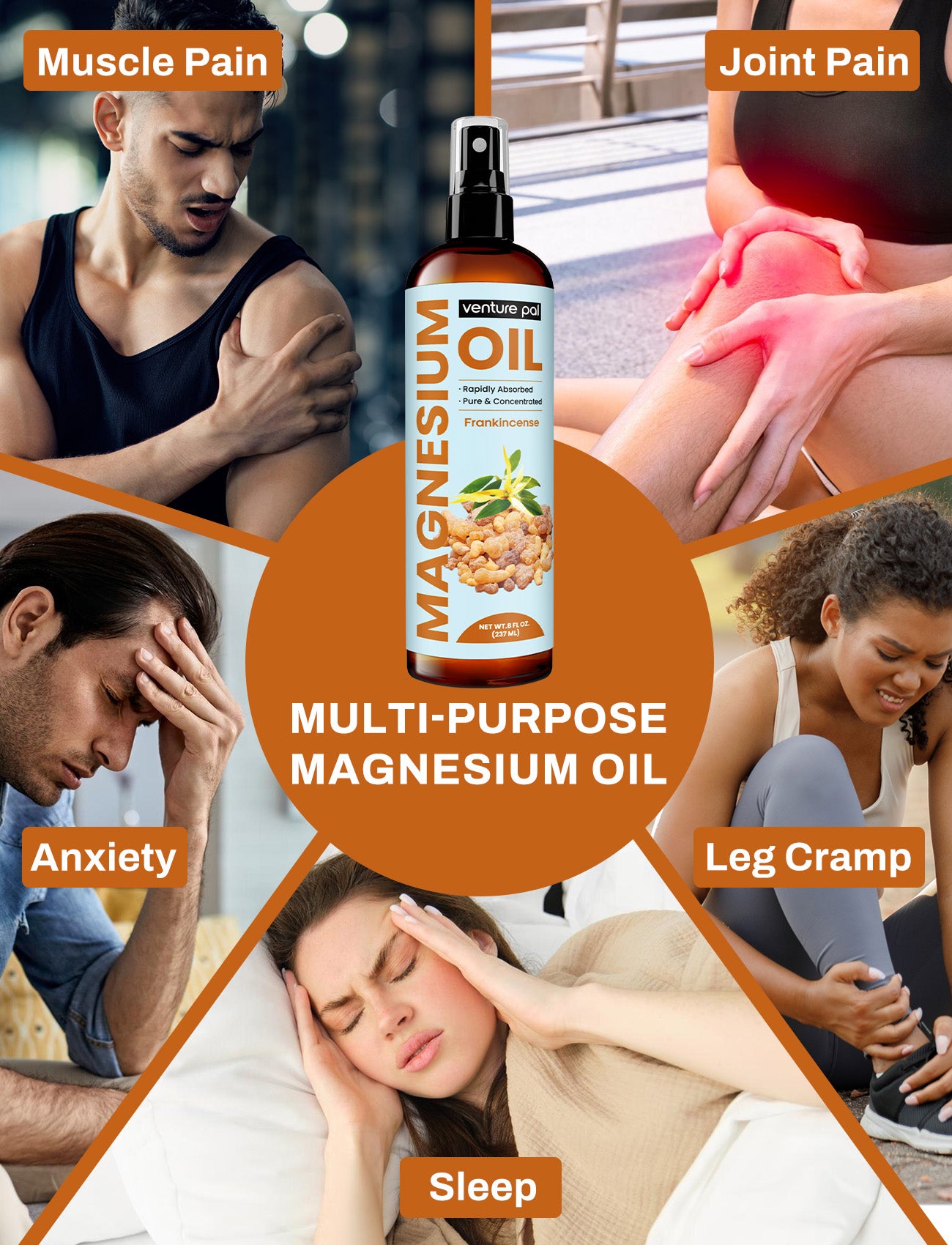 Venture Pal 100% Pure Magnesium Oil Spray - Frankincense - Big 8 oz