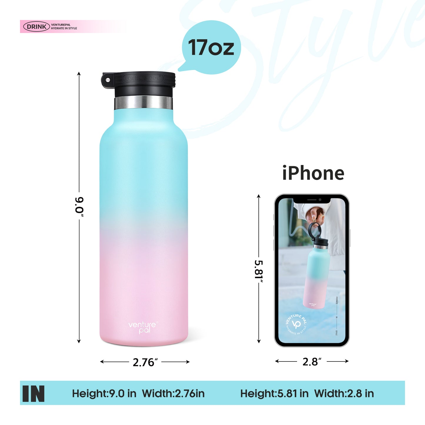 Venture Pal 17oz Vacuum Insulated Water Bottle with Straw Lid & Portable Carrying Handle - Comes with a Complimentary Cleaning Brush and Straw Brush