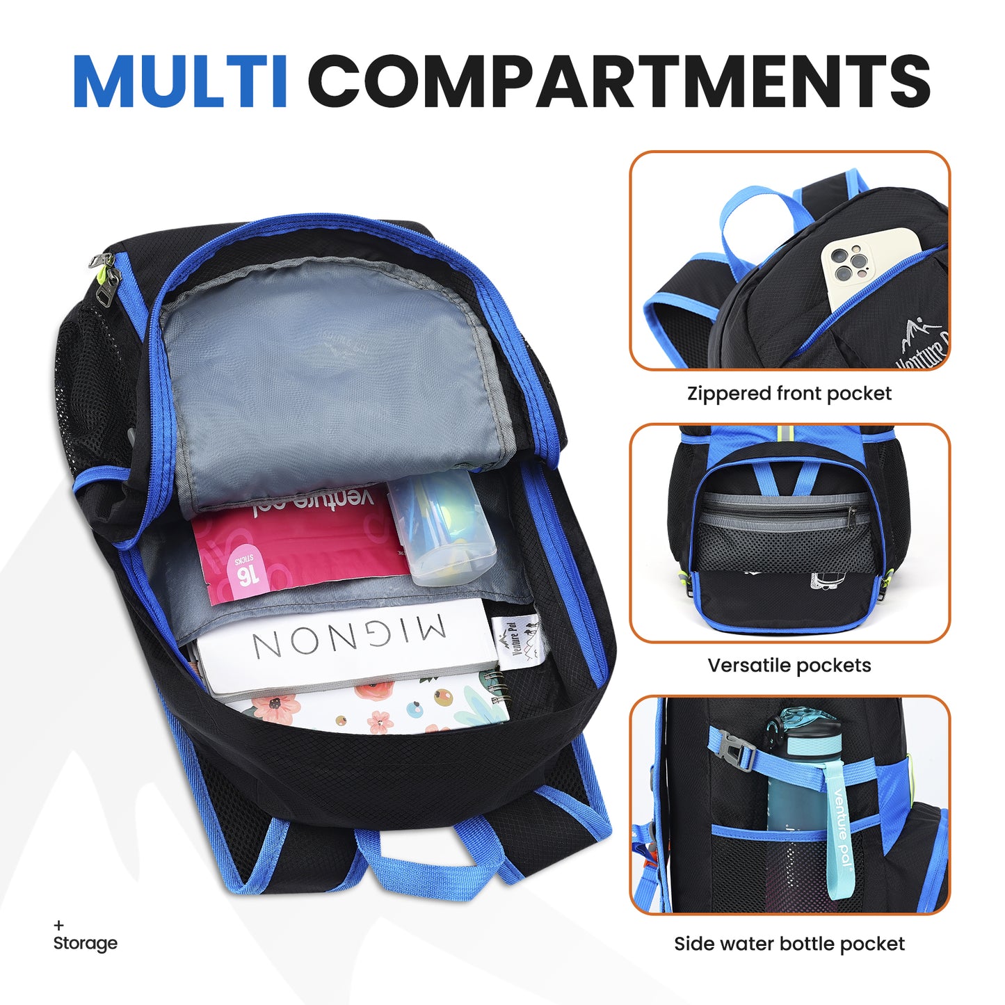 Venture Pal Black/Blue 35L Double-Layer Bottom & Shoulder Straps Sports Backpack