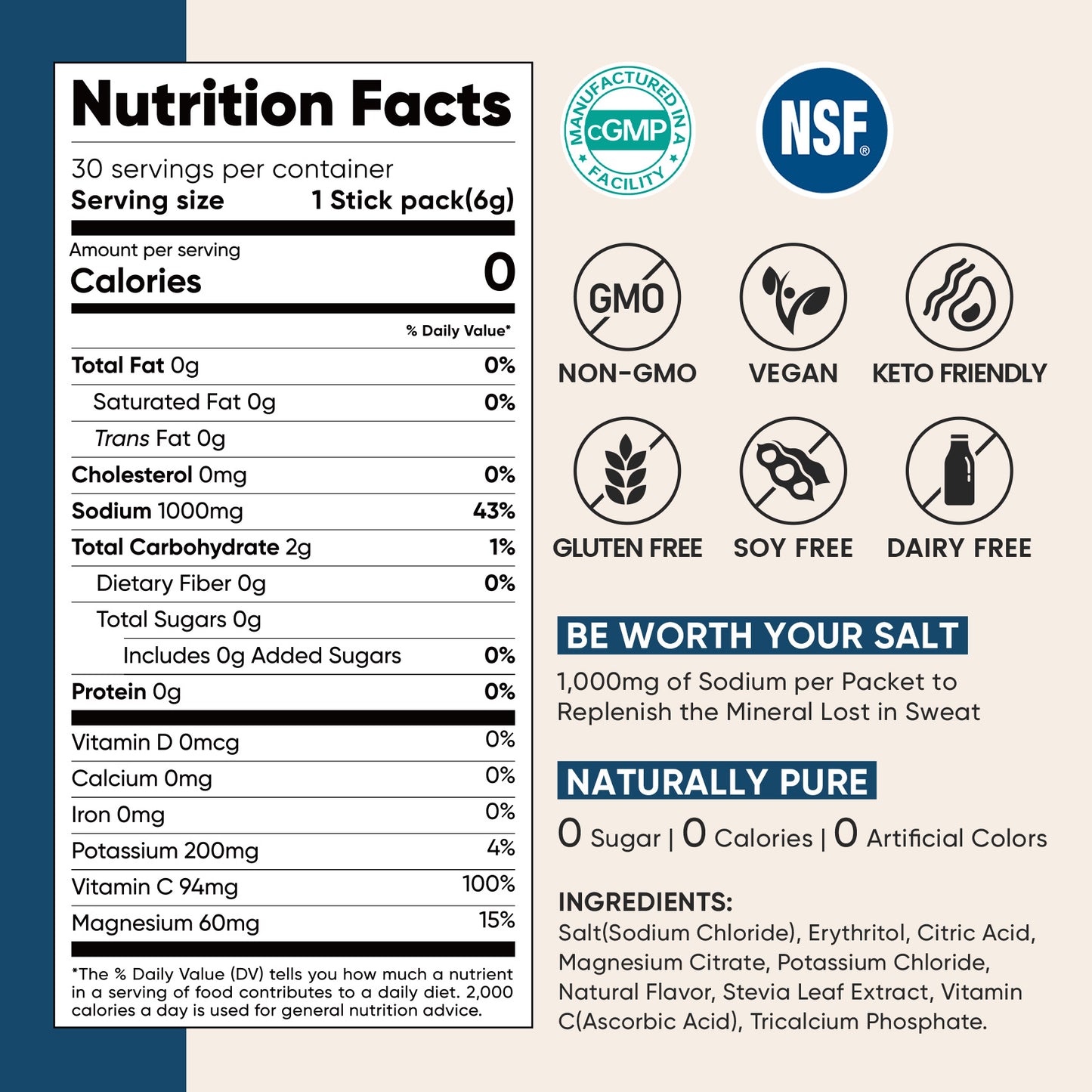 Venture Pal High Sodium Sugar Free Electrolytes Powder Packet - Lemon Lime Salt - 30 Sticks