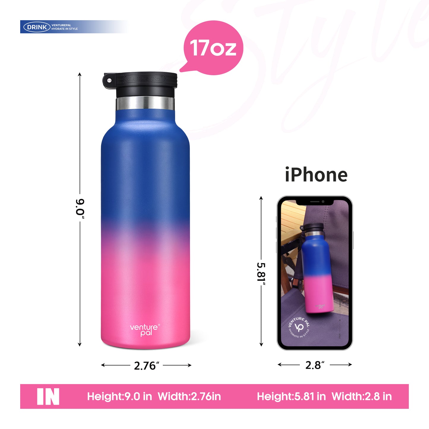 Venture Pal 17oz Vacuum Insulated Water Bottle with Straw Lid & Portable Carrying Handle - Comes with a Complimentary Cleaning Brush and Straw Brush