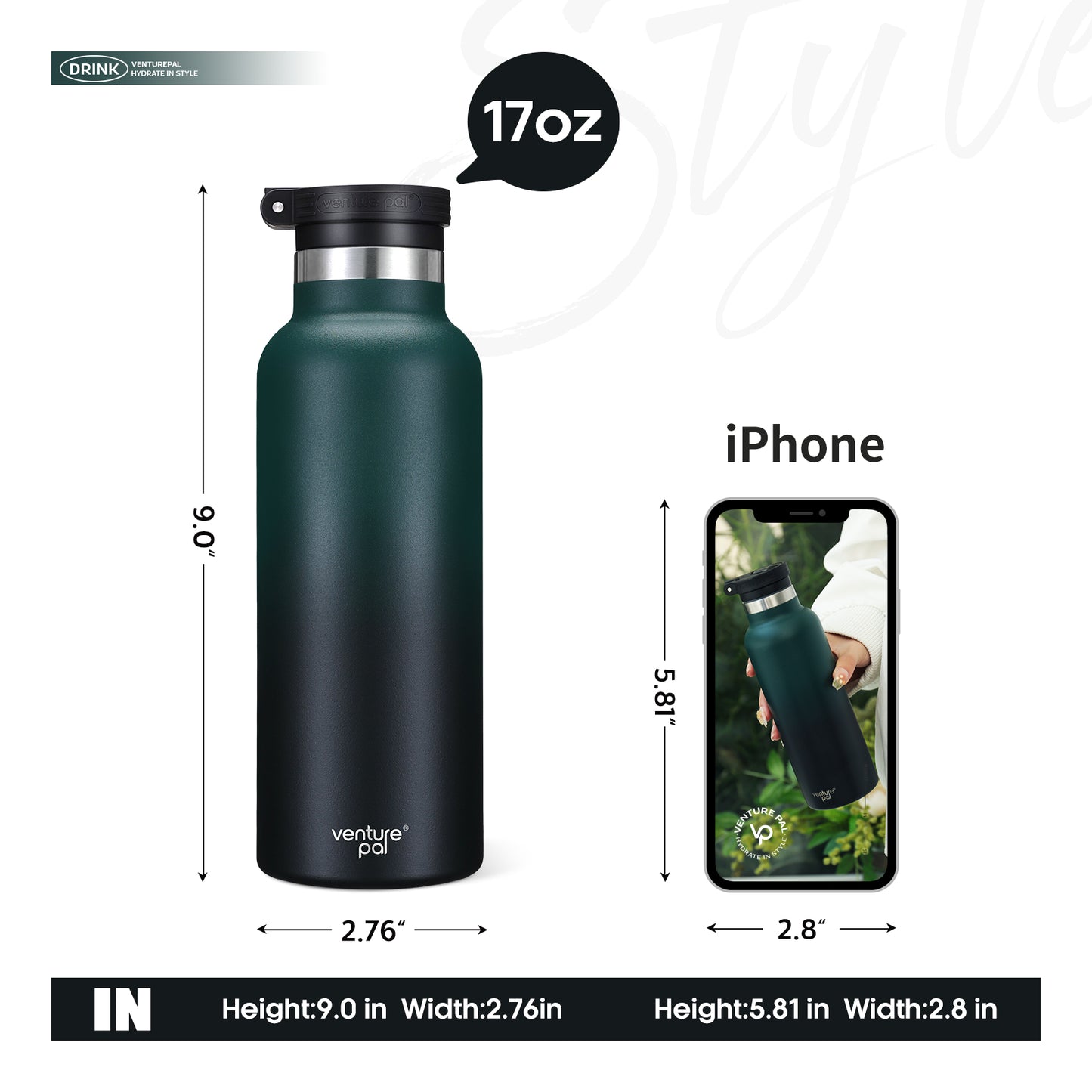 Venture Pal 17oz Vacuum Insulated Water Bottle with Straw Lid & Portable Carrying Handle - Comes with a Complimentary Cleaning Brush and Straw Brush
