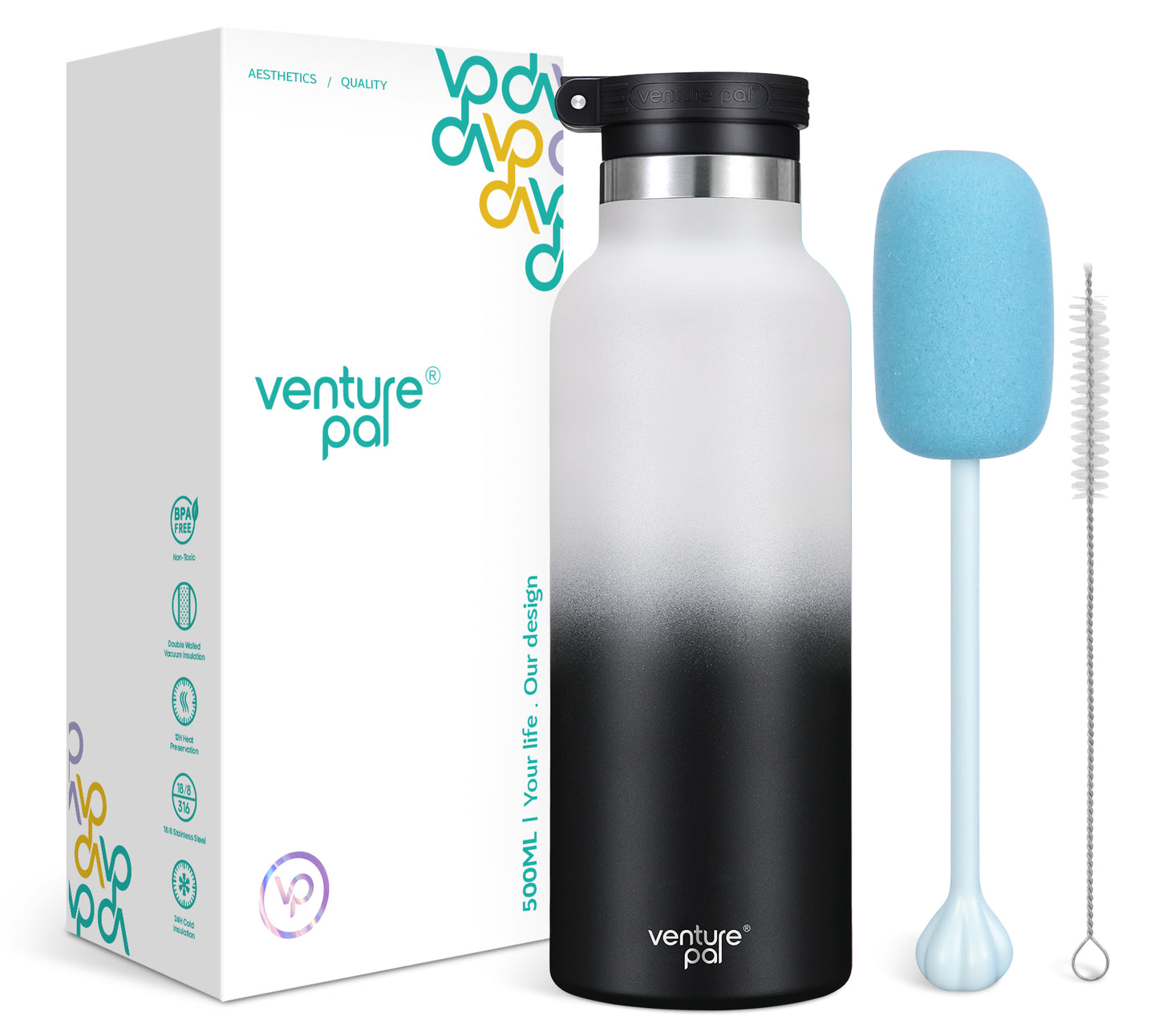 Venture Pal 17oz Vacuum Insulated Water Bottle with Straw Lid & Portable Carrying Handle - Comes with a Complimentary Cleaning Brush and Straw Brush