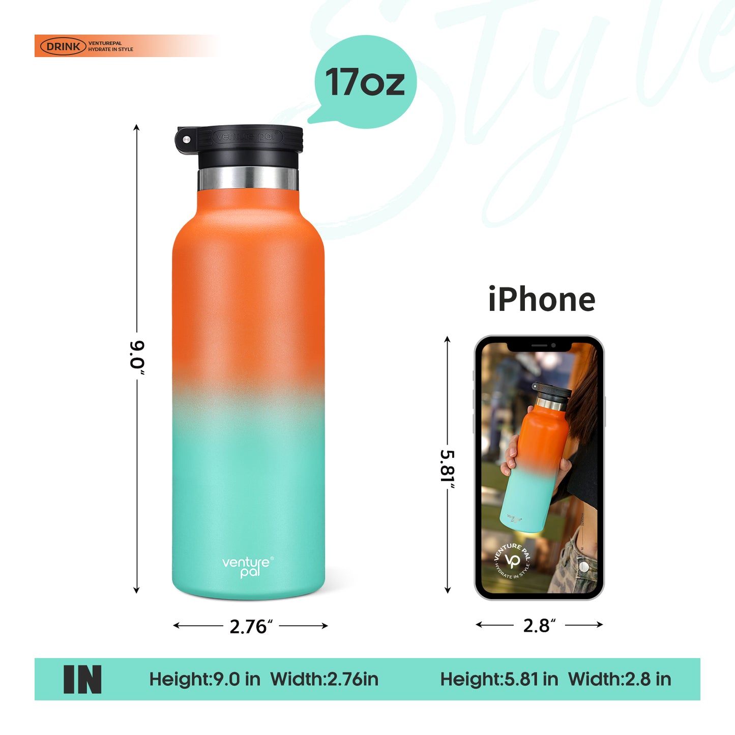 Venture Pal 17oz Vacuum Insulated Water Bottle with Straw Lid & Portable Carrying Handle - Comes with a Complimentary Cleaning Brush and Straw Brush