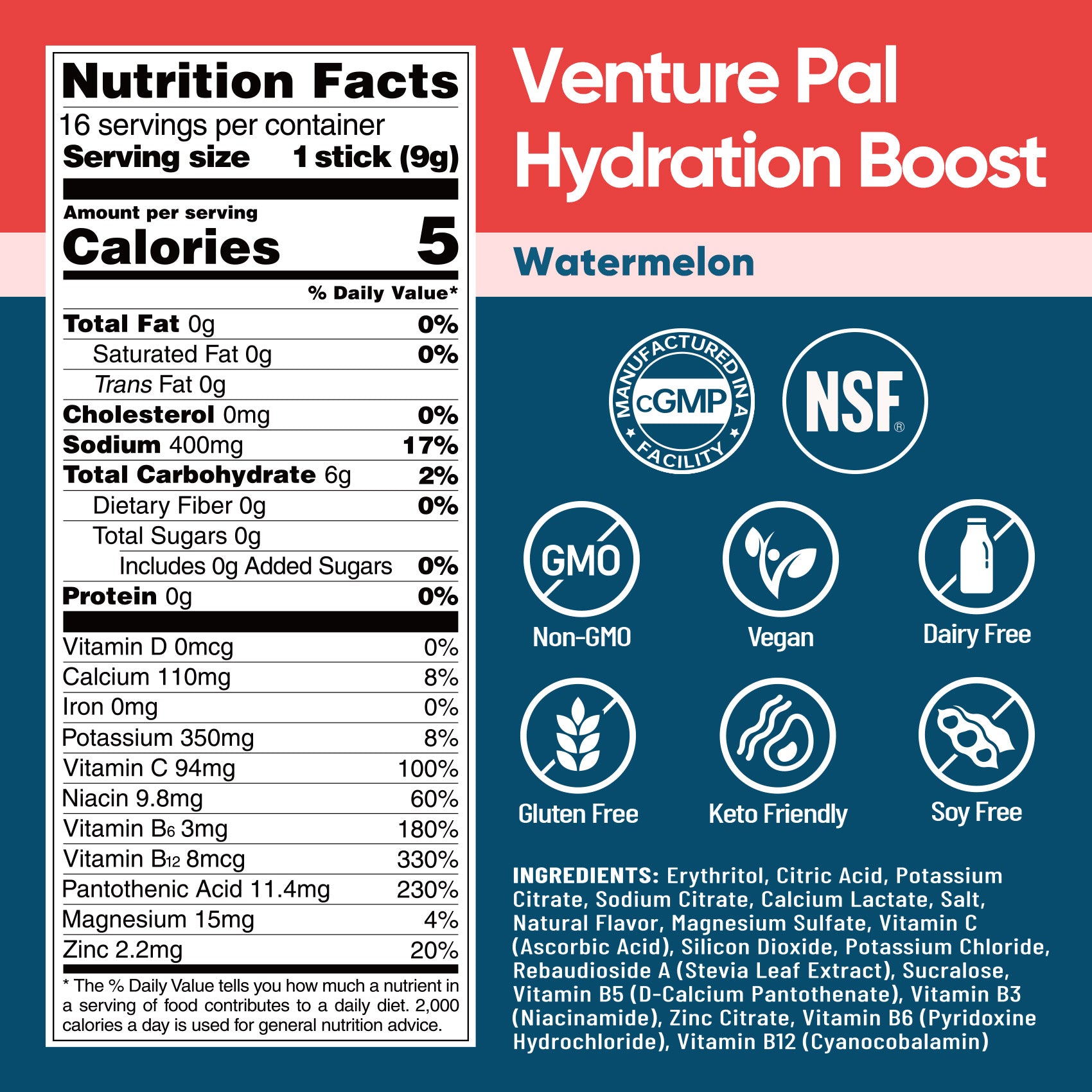 Sugar Free Electrolyte Powder Packets - Watermelon - 16 Sticks