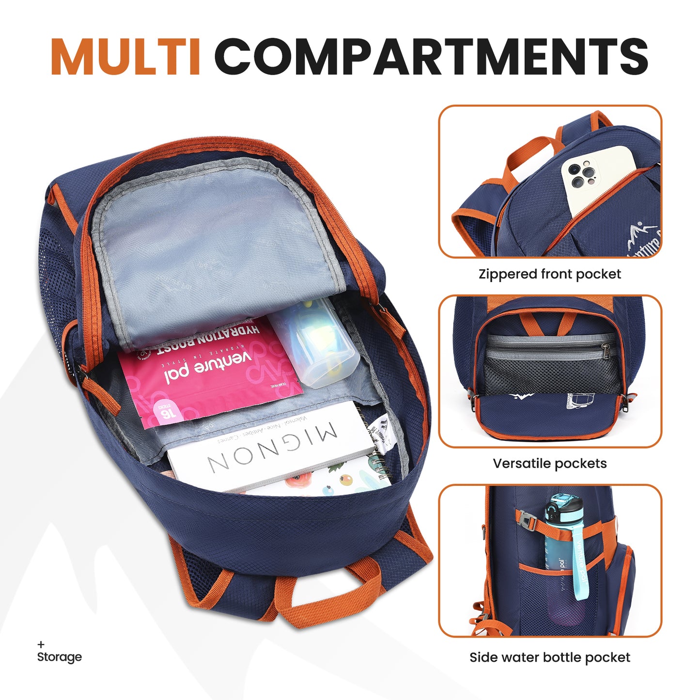 Venture Pal Orange/Navy Blue 35L Double-Layer Bottom & Shoulder Straps Sports Backpack
