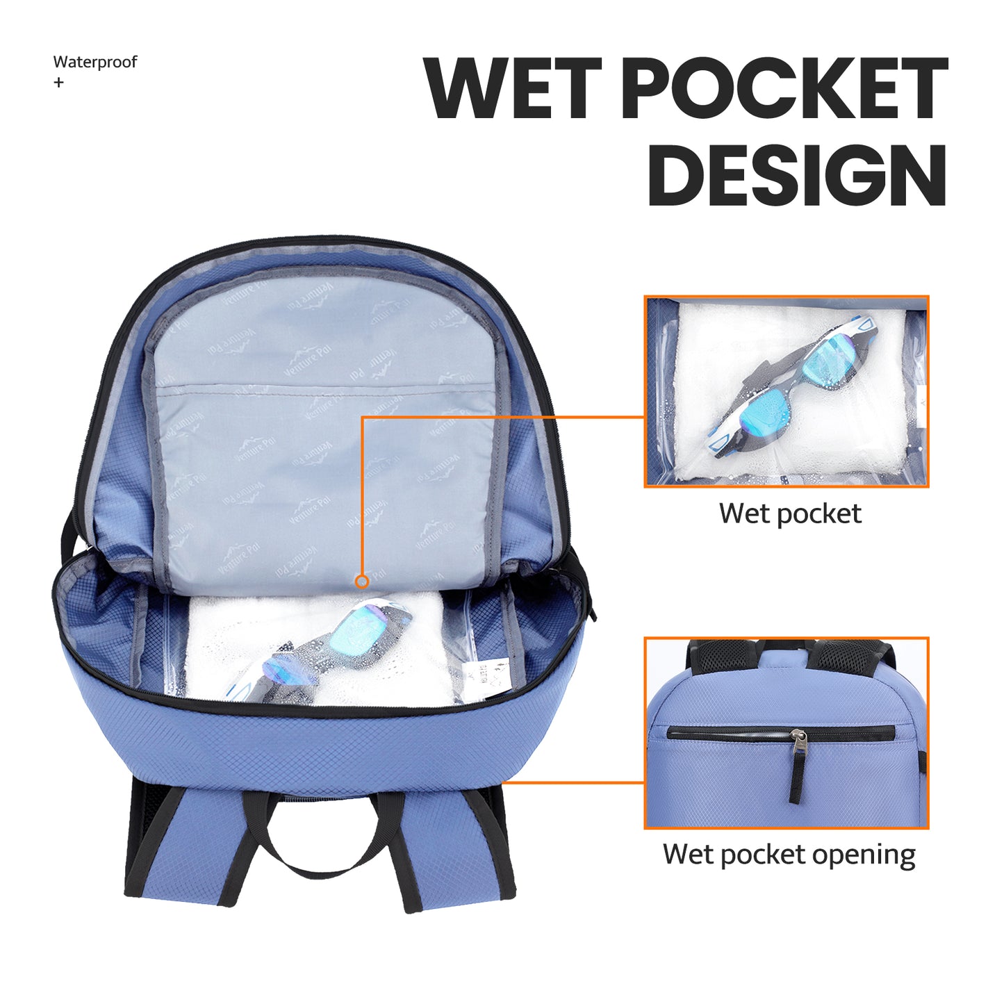 Venture Pal Grey/Orange 40L Nylon Backpack with Wet Pocket and Multi Compartment