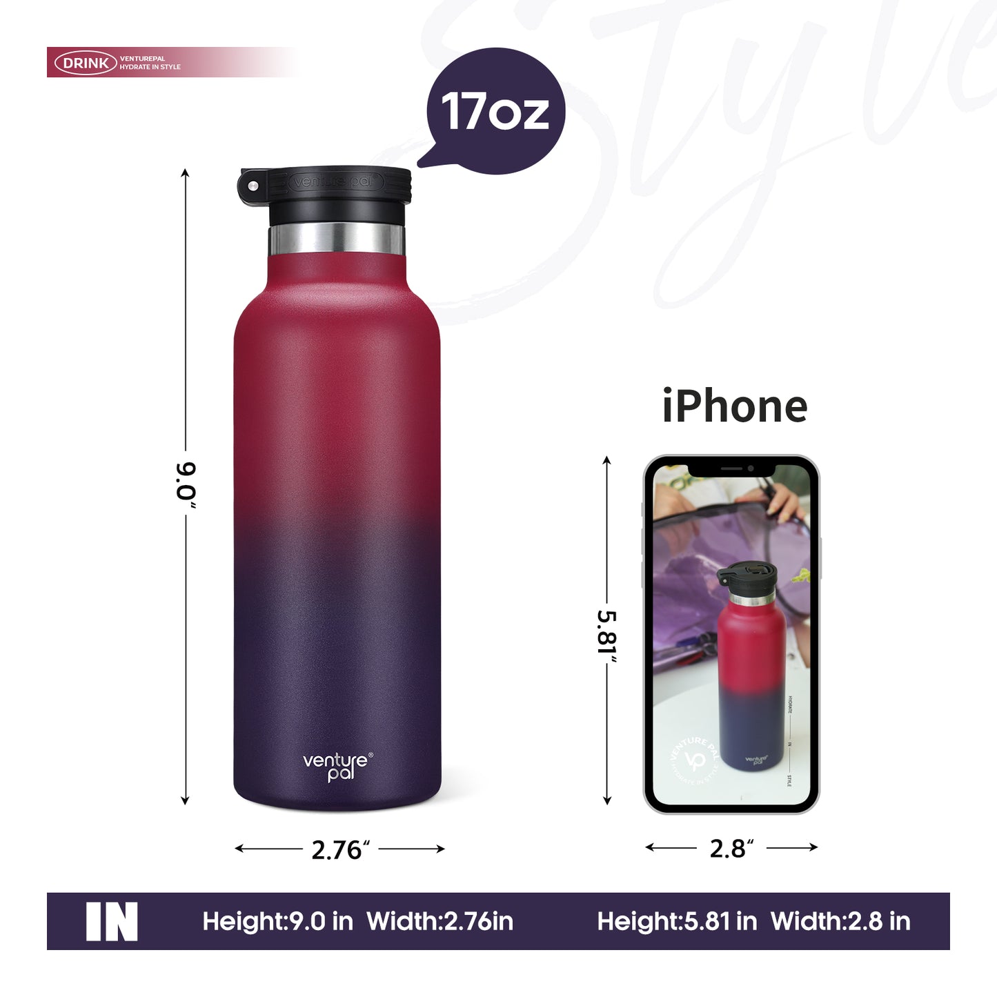 Venture Pal 17oz Vacuum Insulated Water Bottle with Straw Lid & Portable Carrying Handle - Comes with a Complimentary Cleaning Brush and Straw Brush