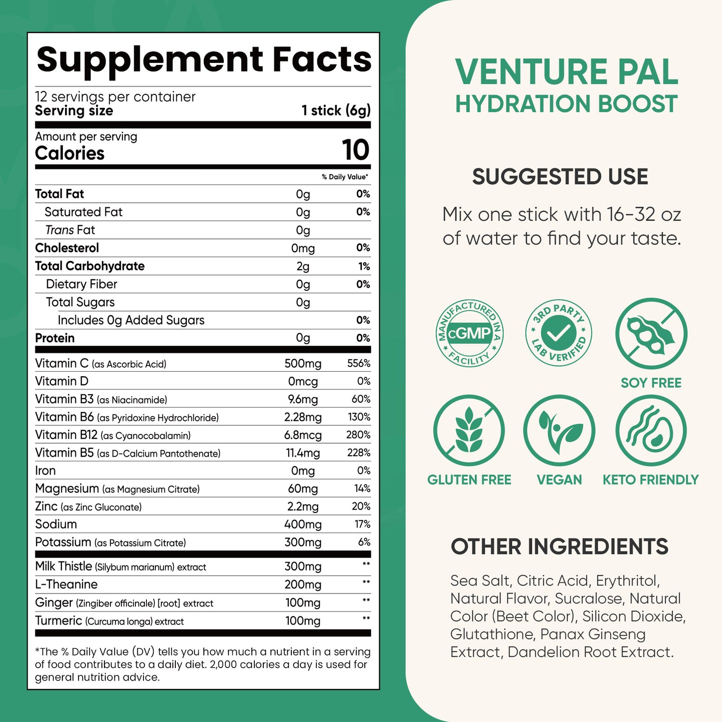 Venture Pal Liver Support Sugar Free Electrolyte Powder Packets - Watermelon- 12 Sticks