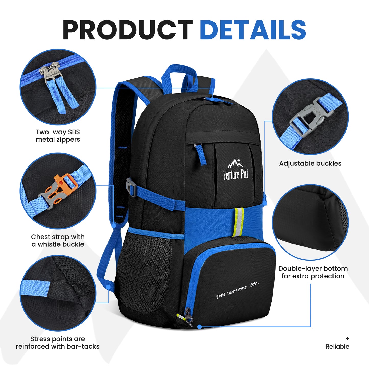 Venture Pal Black/Blue 35L Double-Layer Bottom & Shoulder Straps Sports Backpack