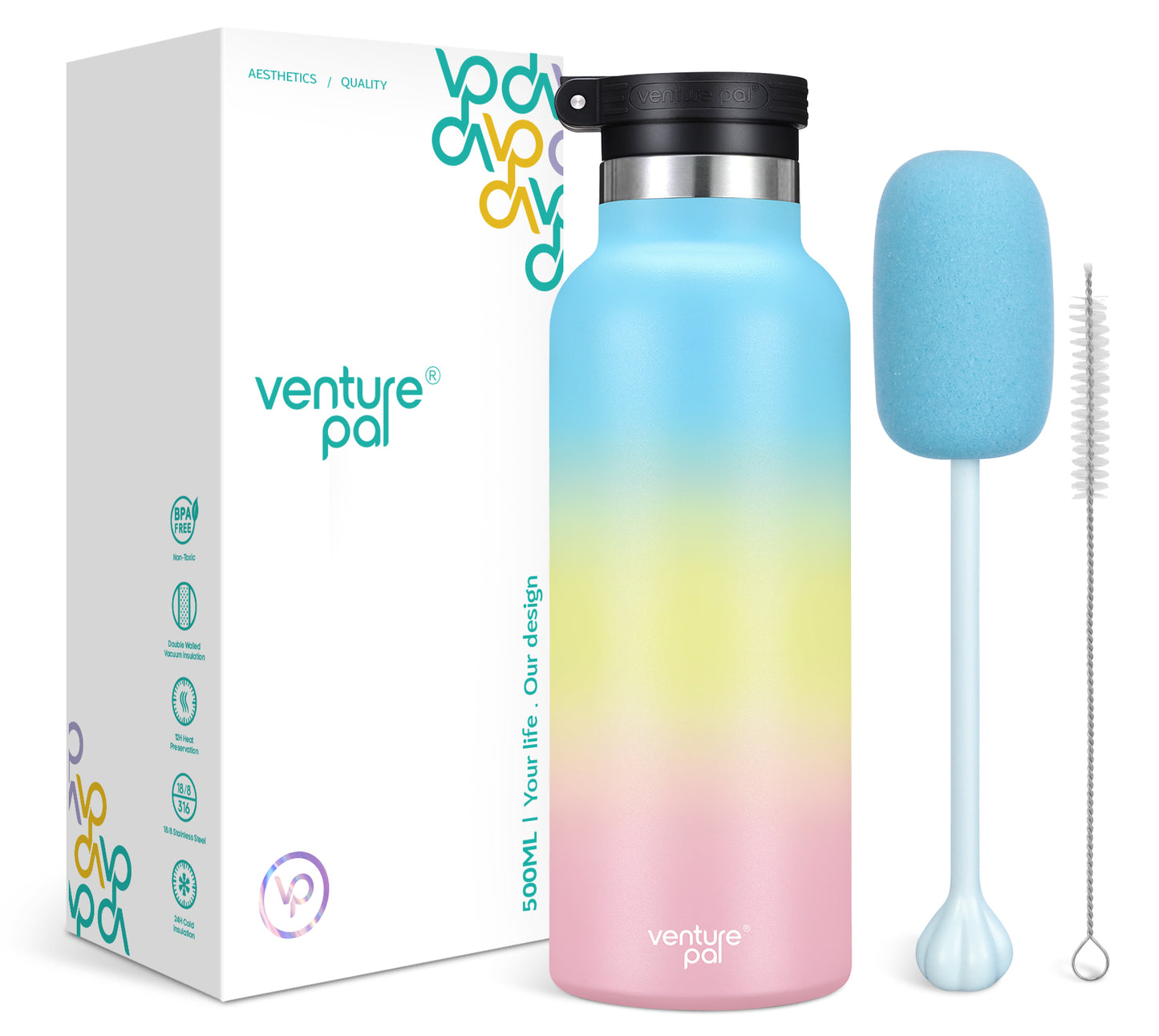 Venture Pal 17oz Vacuum Insulated Water Bottle with Straw Lid & Portable Carrying Handle - Comes with a Complimentary Cleaning Brush and Straw Brush
