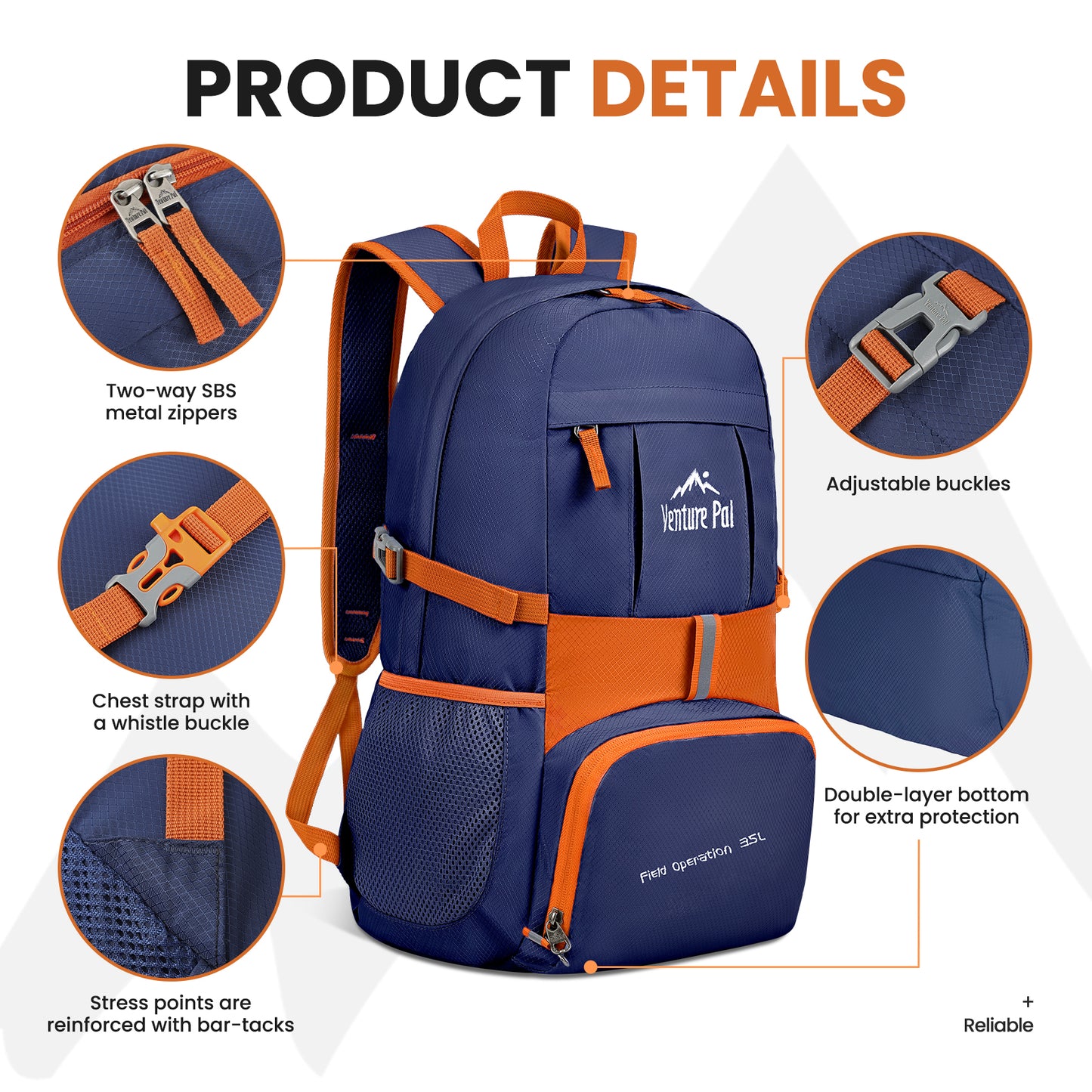 Venture Pal Orange/Navy Blue 35L Double-Layer Bottom & Shoulder Straps Sports Backpack