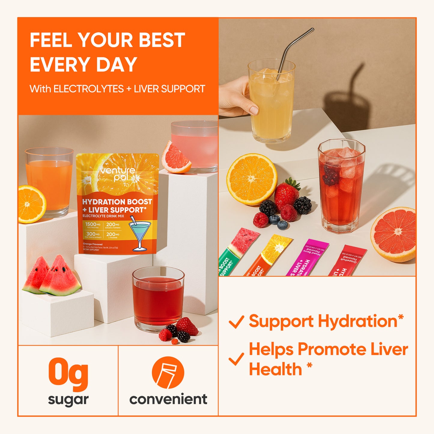 Venture Pal Liver Support Sugar Free Electrolyte Powder Packets - Orange- 12 Sticks
