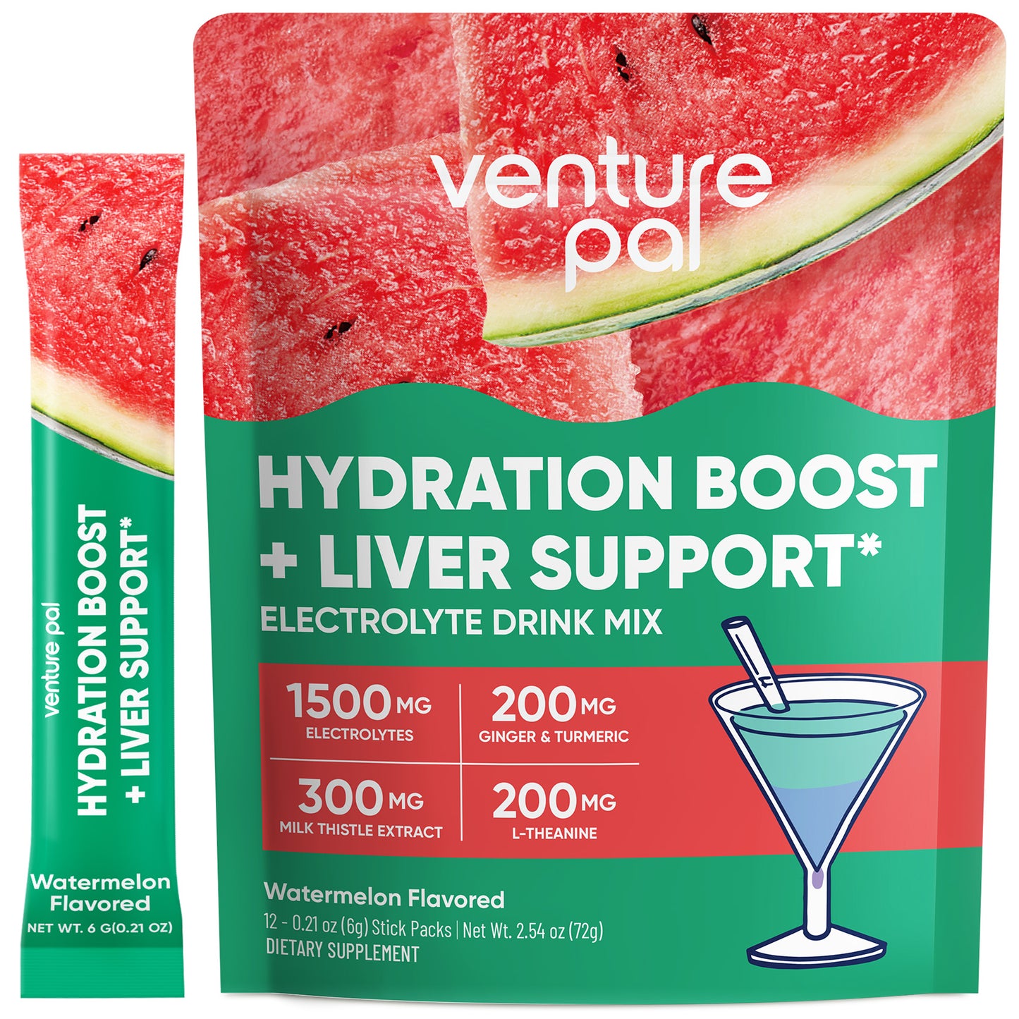 Venture Pal Liver Support Sugar Free Electrolyte Powder Packets - Watermelon- 12 Sticks