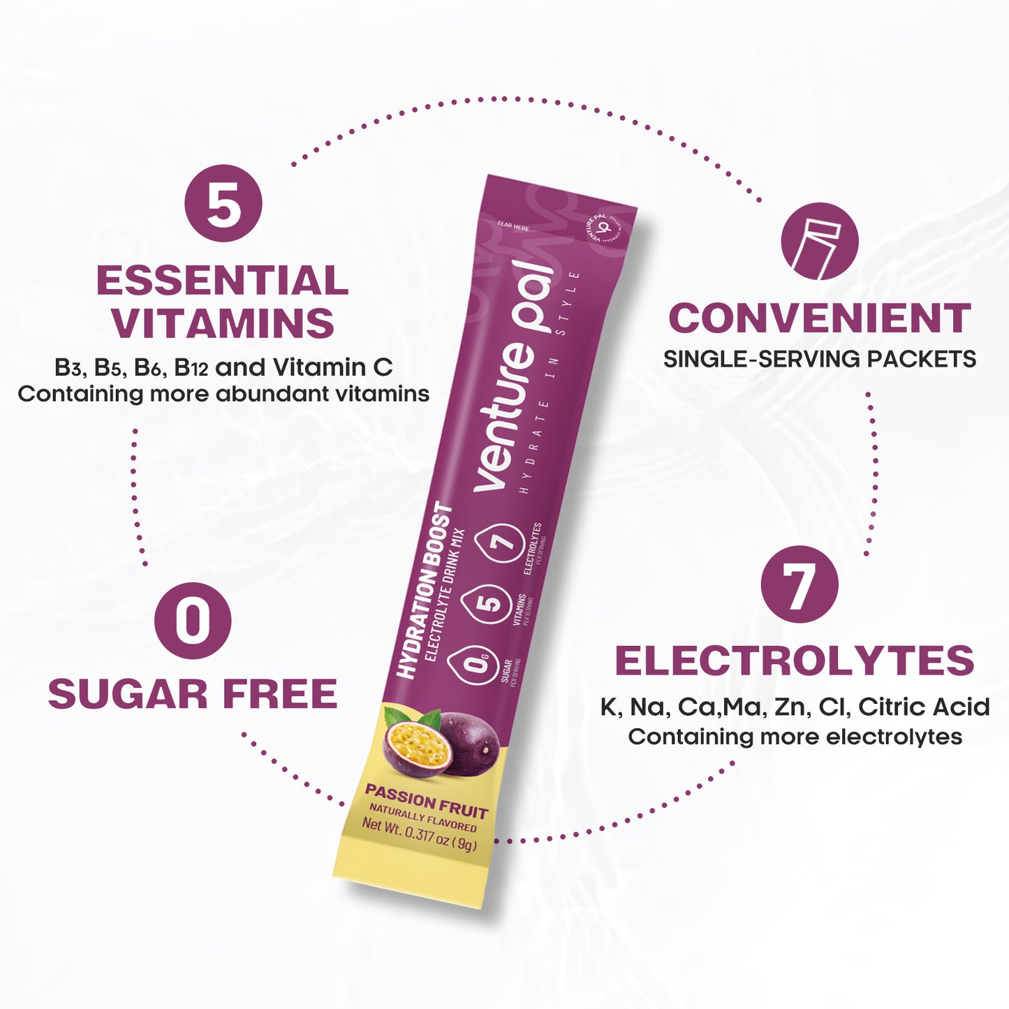 Venture Pal Sugar Free Electrolyte Powder Packets - Passion Fruit Flavor - 16 Sticks