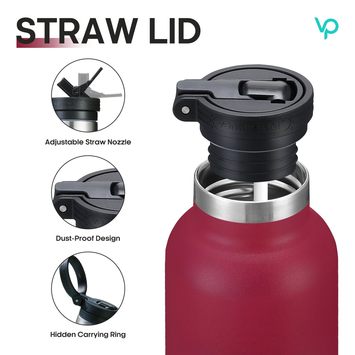 Venture Pal 17oz Vacuum Insulated Water Bottle with Straw Lid & Portable Carrying Handle - Comes with a Complimentary Cleaning Brush and Straw Brush