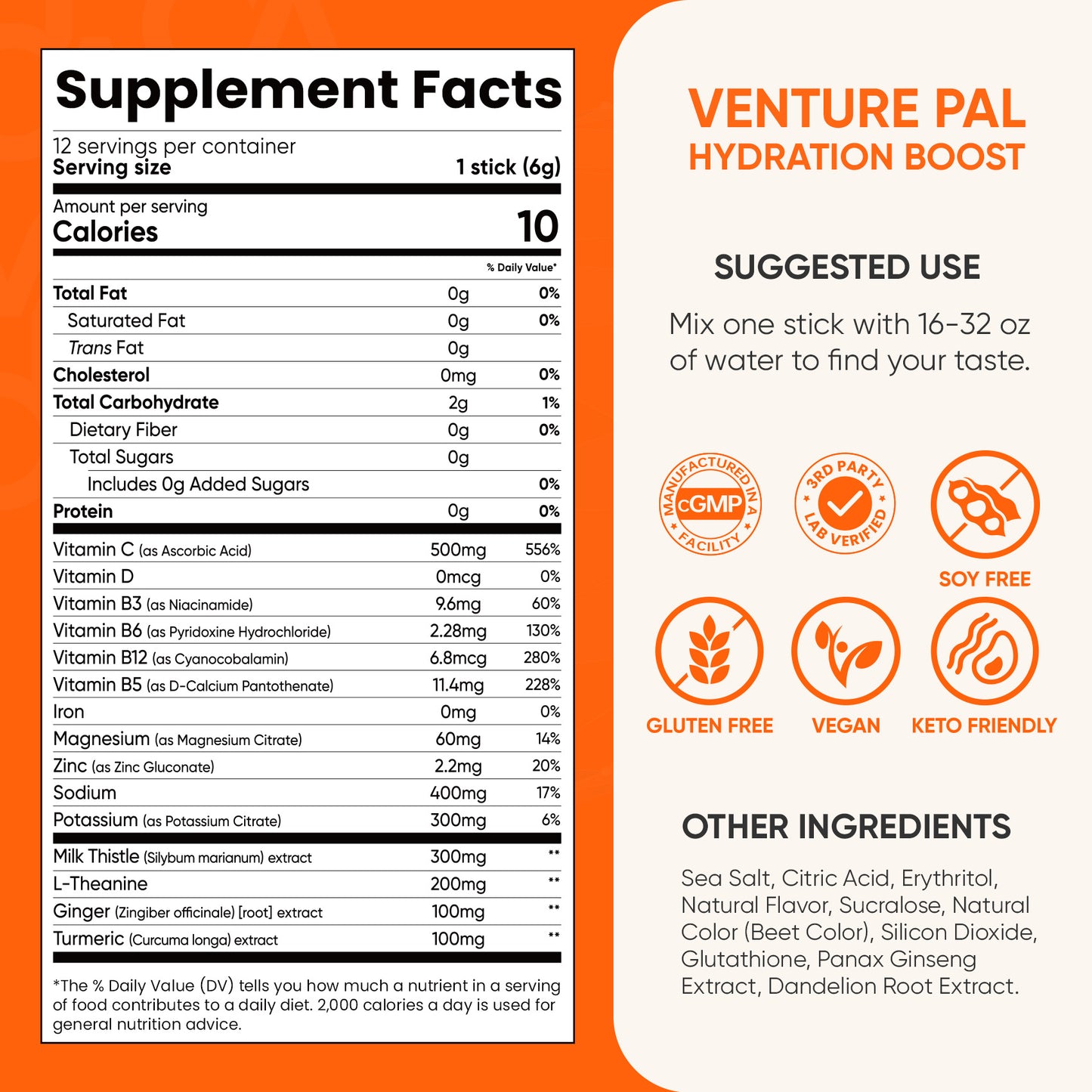 Venture Pal Liver Support Sugar Free Electrolyte Powder Packets - Orange- 12 Sticks