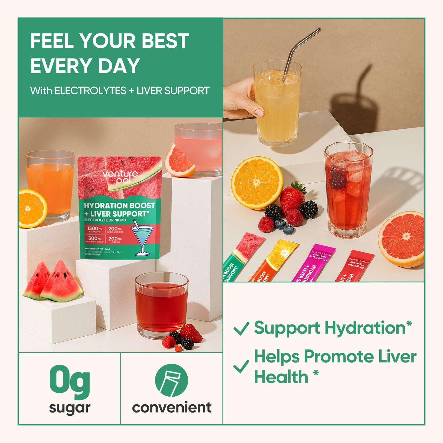 Venture Pal Liver Support Sugar Free Electrolyte Powder Packets - Watermelon- 12 Sticks