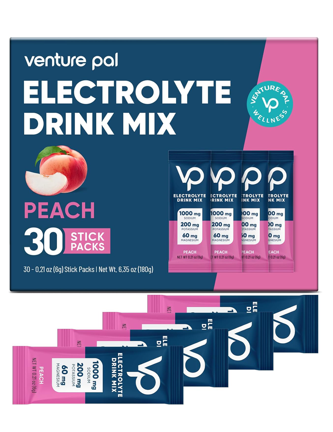 Venture Pal High Sodium Sugar Free Electrolytes Powder Packet -Peach Salt - 30 Sticks