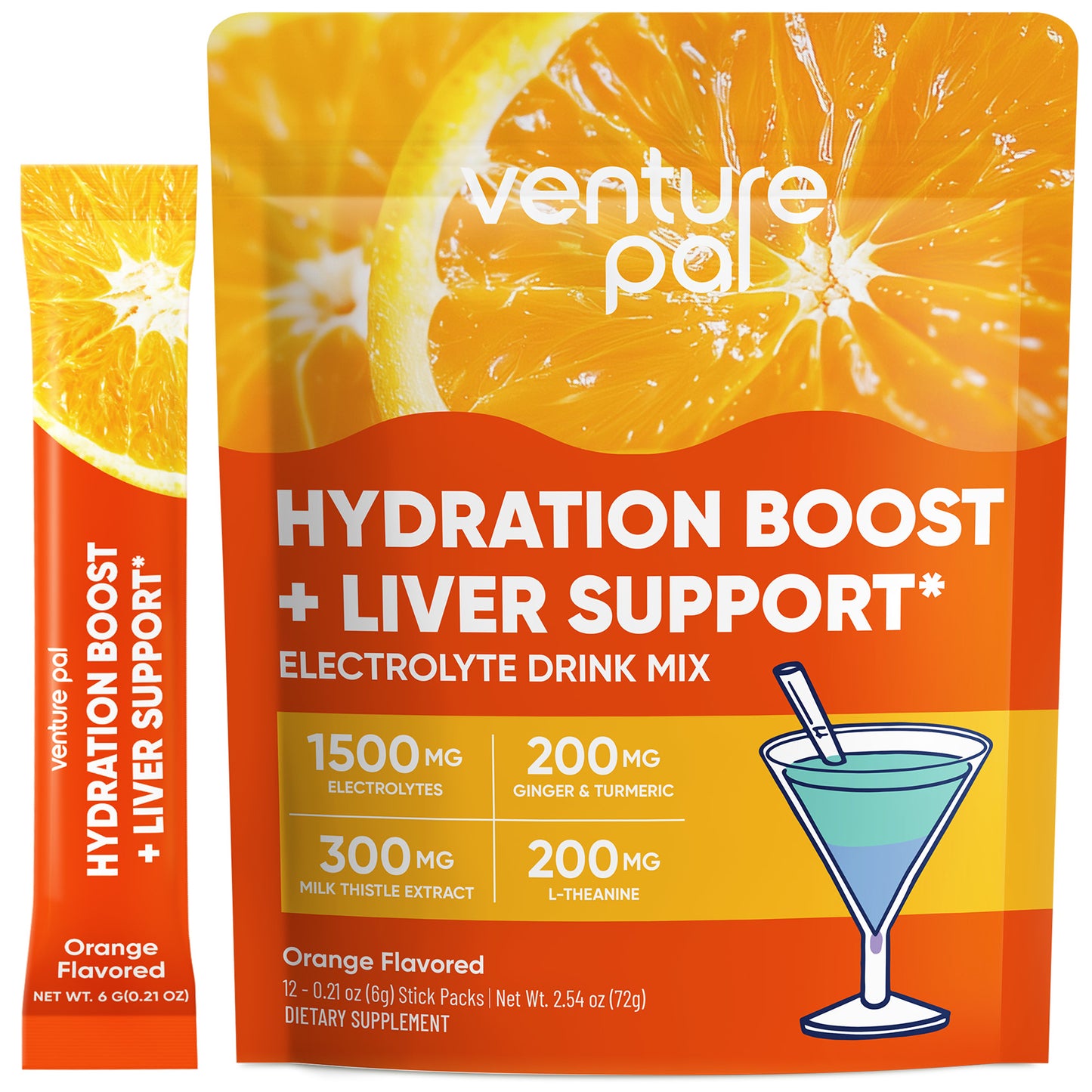 Venture Pal Liver Support Sugar Free Electrolyte Powder Packets - Orange- 12 Sticks