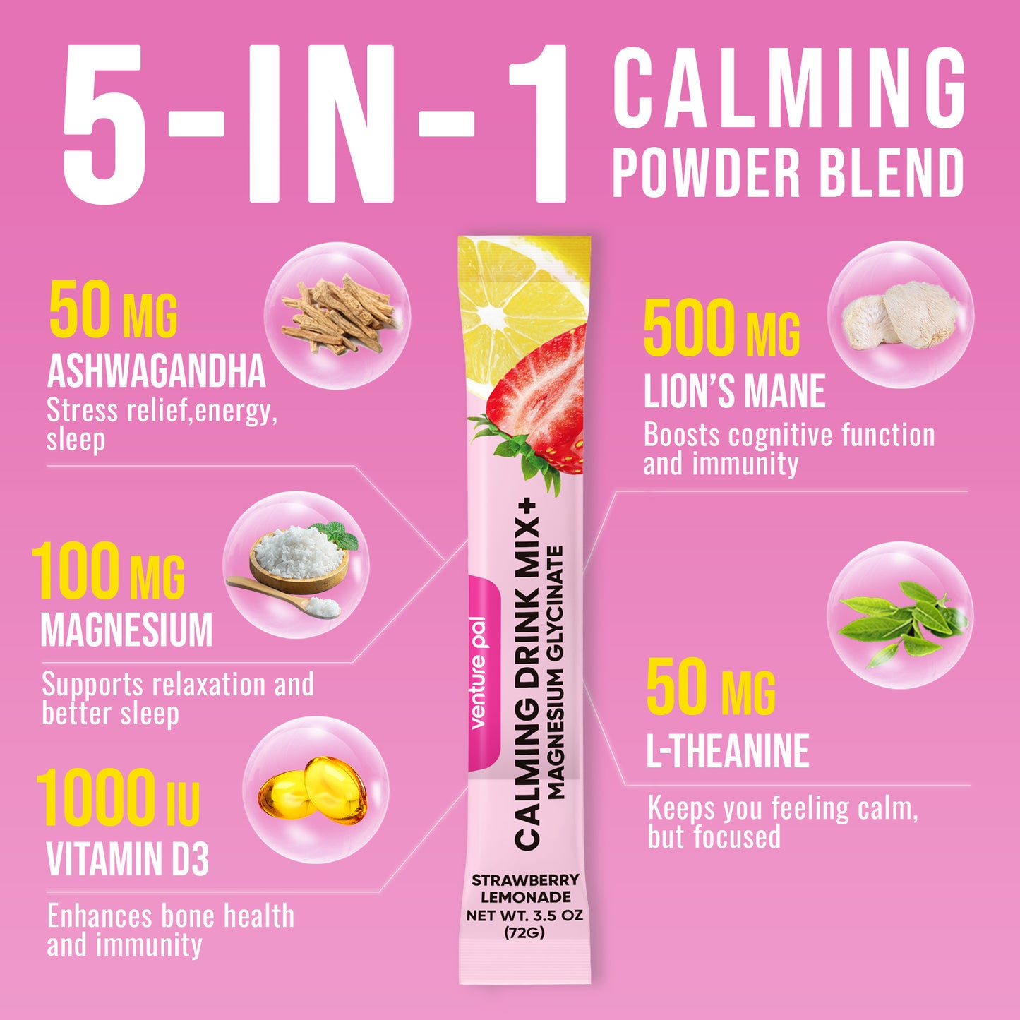 Venture Pal Magnesium Glycinate Powdered Drink Mix - Strawberry Lemonade- 16 Sticks