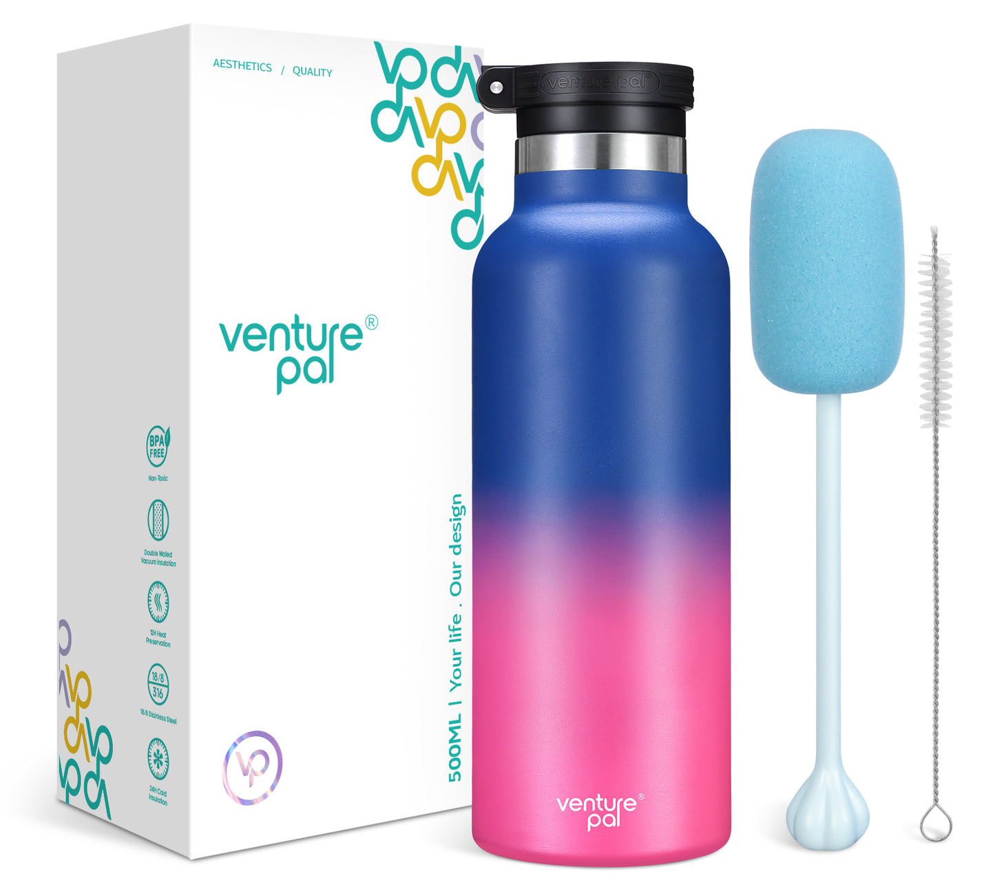 Venture Pal 17oz Vacuum Insulated Water Bottle with Straw Lid & Portable Carrying Handle - Comes with a Complimentary Cleaning Brush and Straw Brush