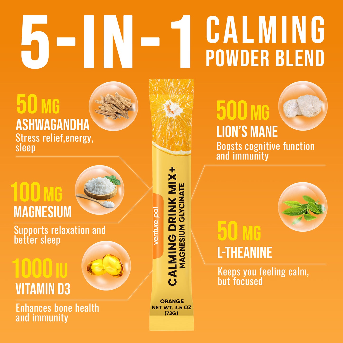 Venture Pal Magnesium Glycinate Powdered Drink Mix - Orange- 16 Sticks