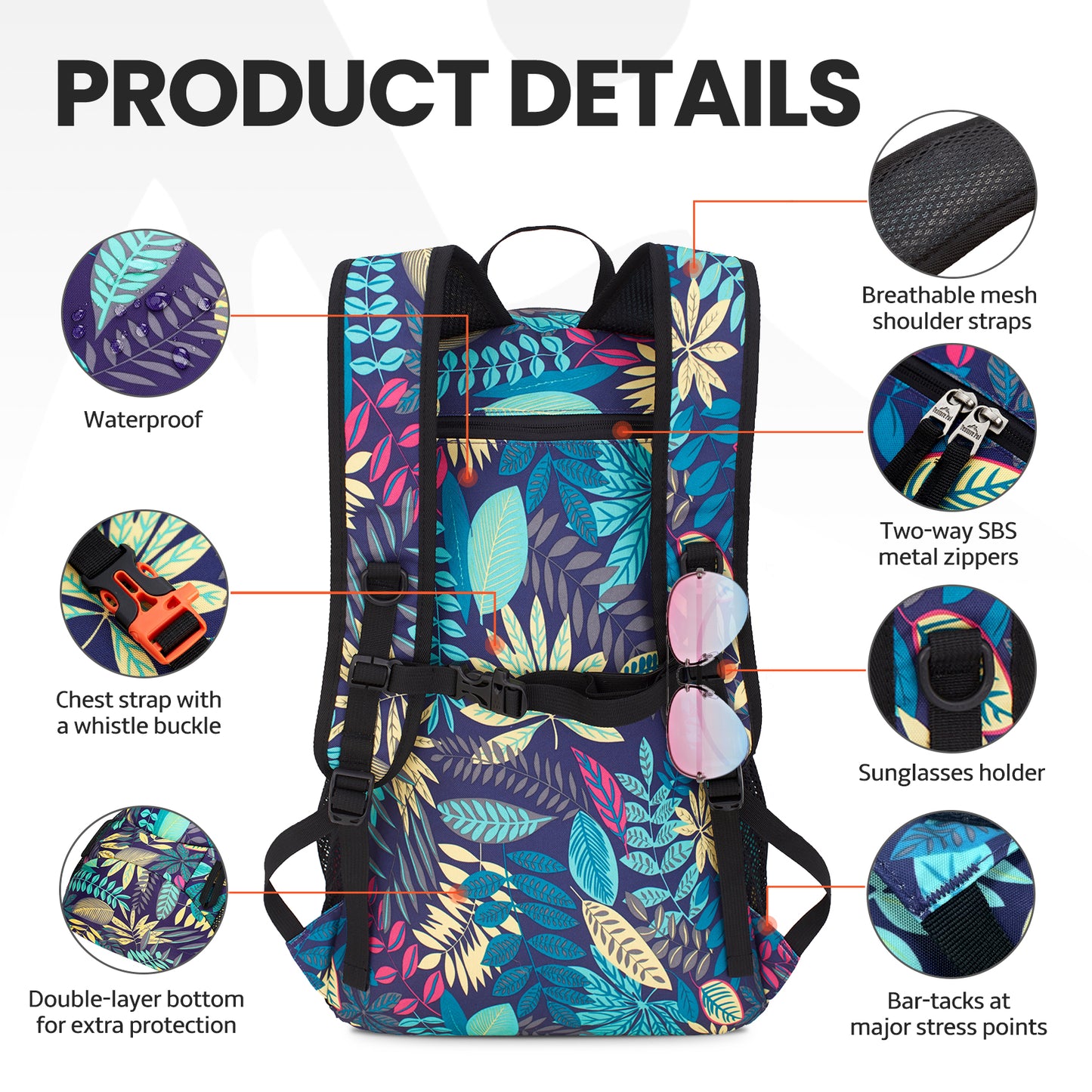 Venture Pal Purple Leaf Pattern Wet Pocket Design 40L Nylon Backpack