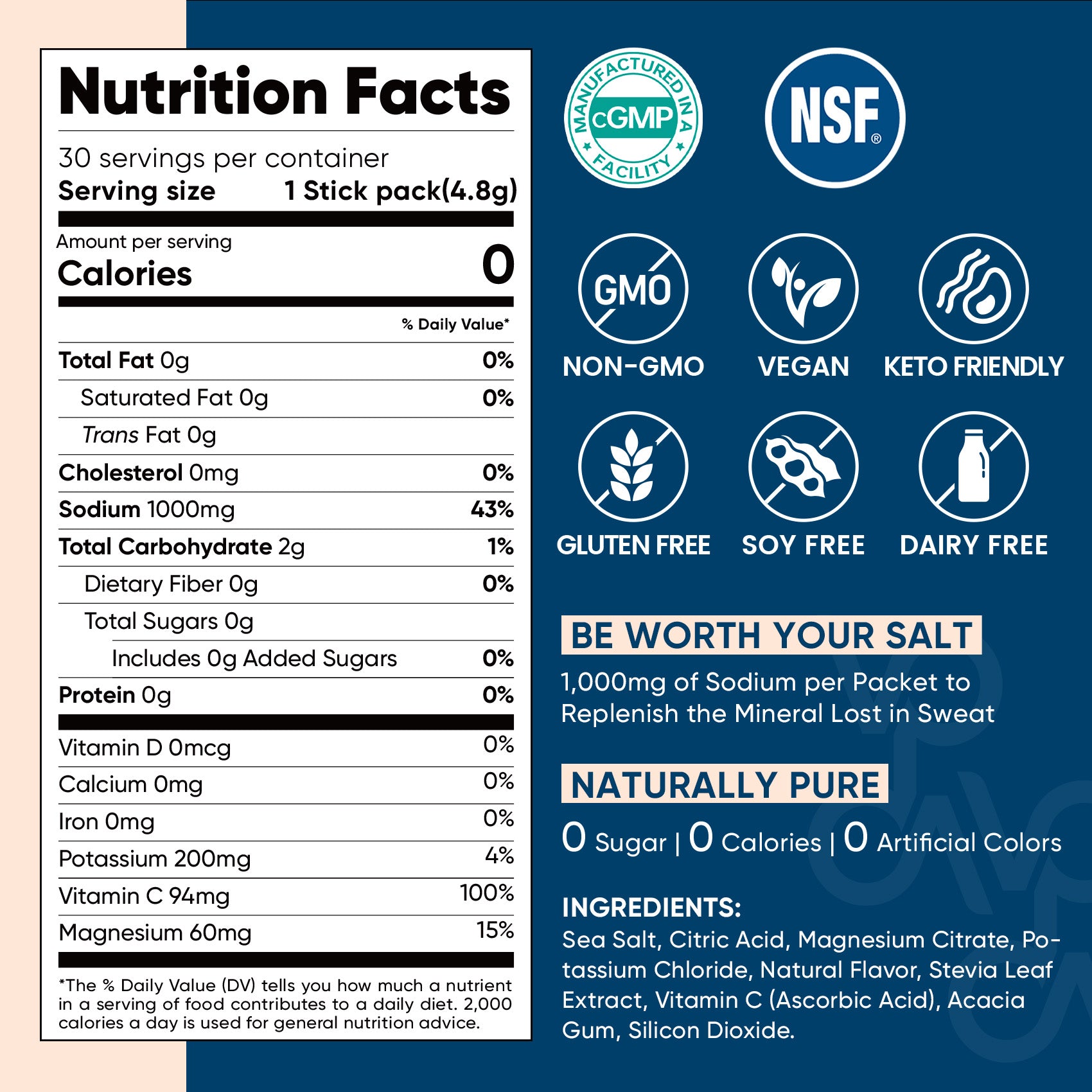 High Sodium Sugar Free Electrolytes Powder Packet - Grapefruit Salt - 30 Sticks