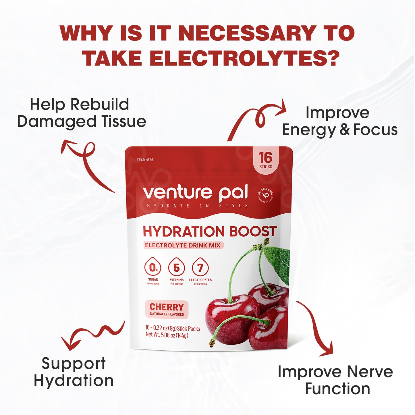 Venture Pal Sugar Free Electrolyte Powder Packets - Cherry Flavor - 16 Sticks