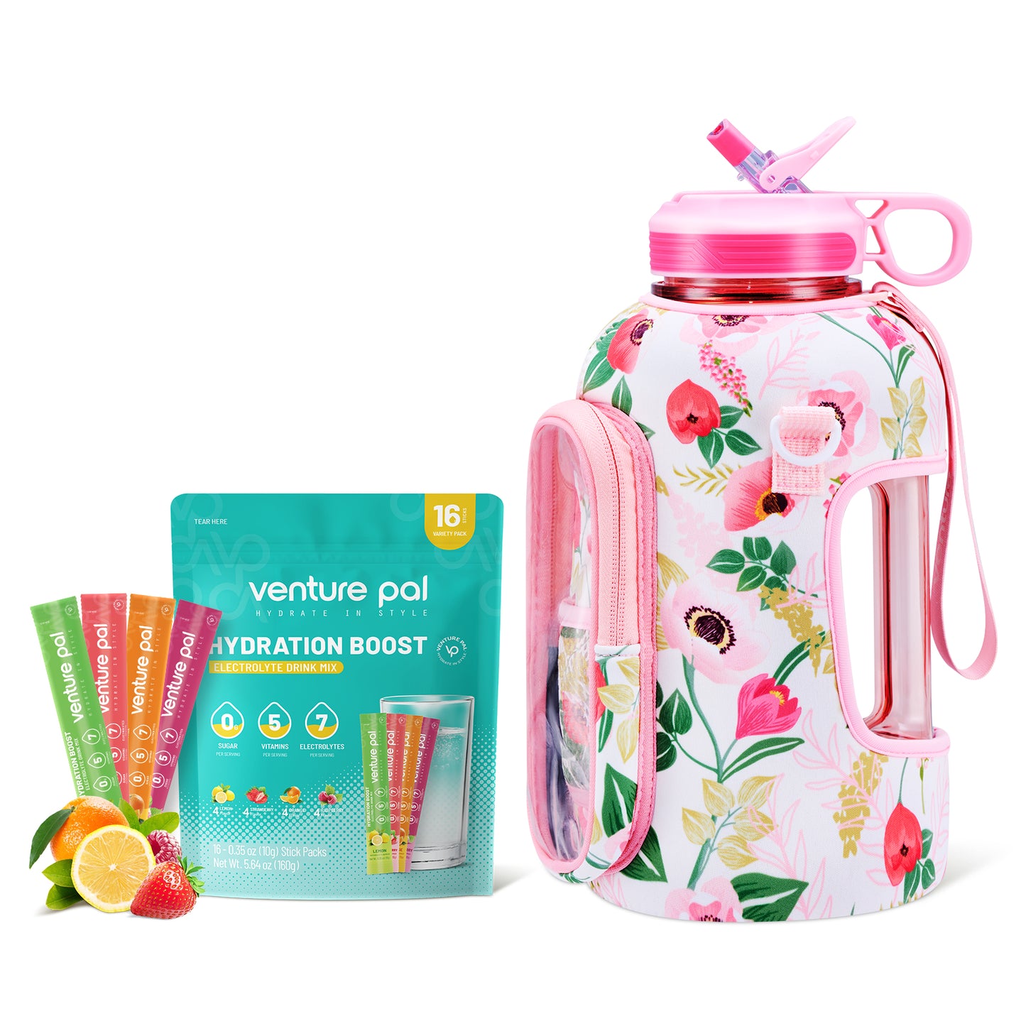 Venture Pal 64 oz Motivational Water Bottle with Storage Sleeve and Zero Sugar Electrolyte Powder Strawberry Flavor