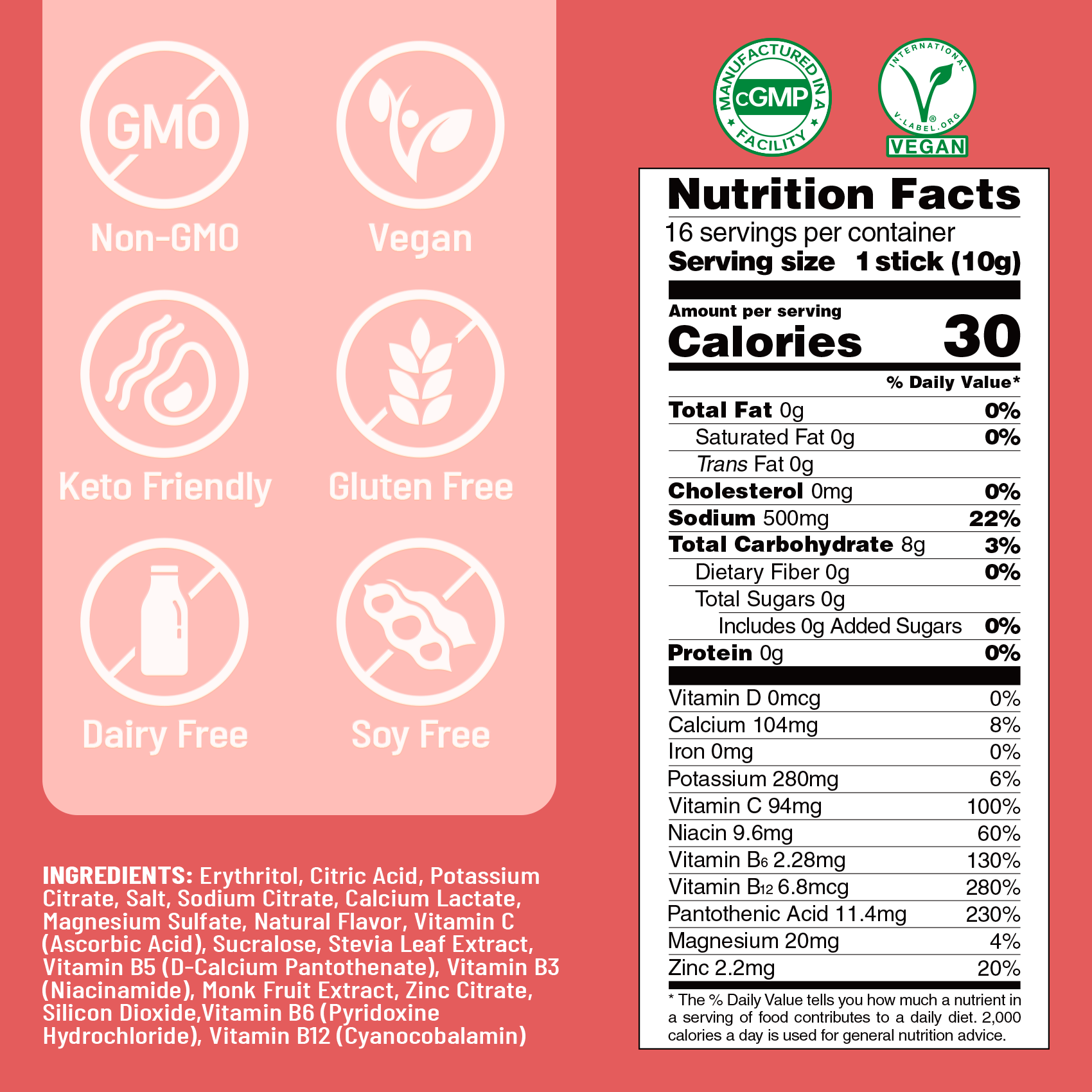 Sugar Free Electrolyte Powder Packets - Strawberry Flavor - 16 Sticks