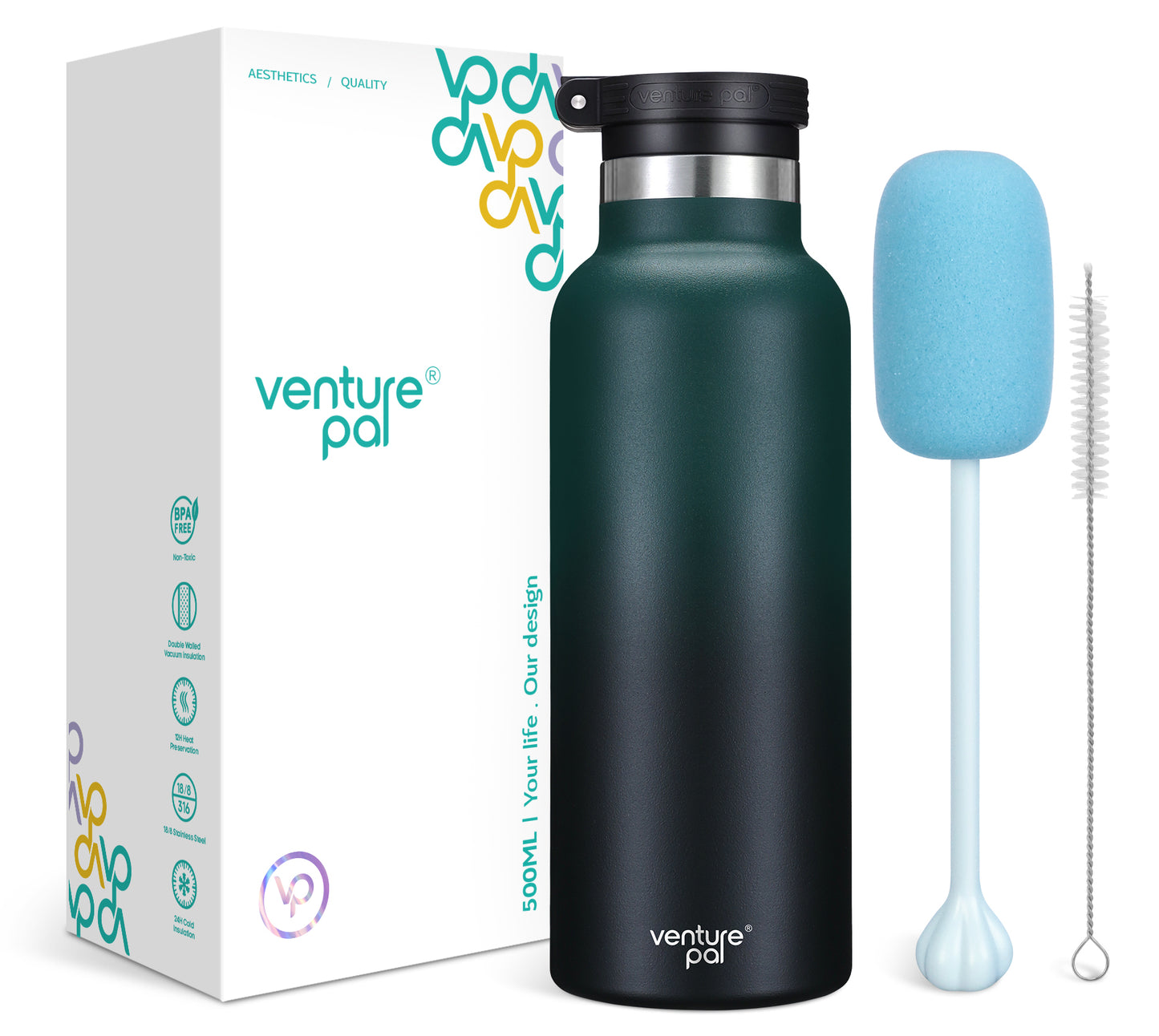 Venture Pal 17oz Vacuum Insulated Water Bottle with Straw Lid & Portable Carrying Handle - Comes with a Complimentary Cleaning Brush and Straw Brush