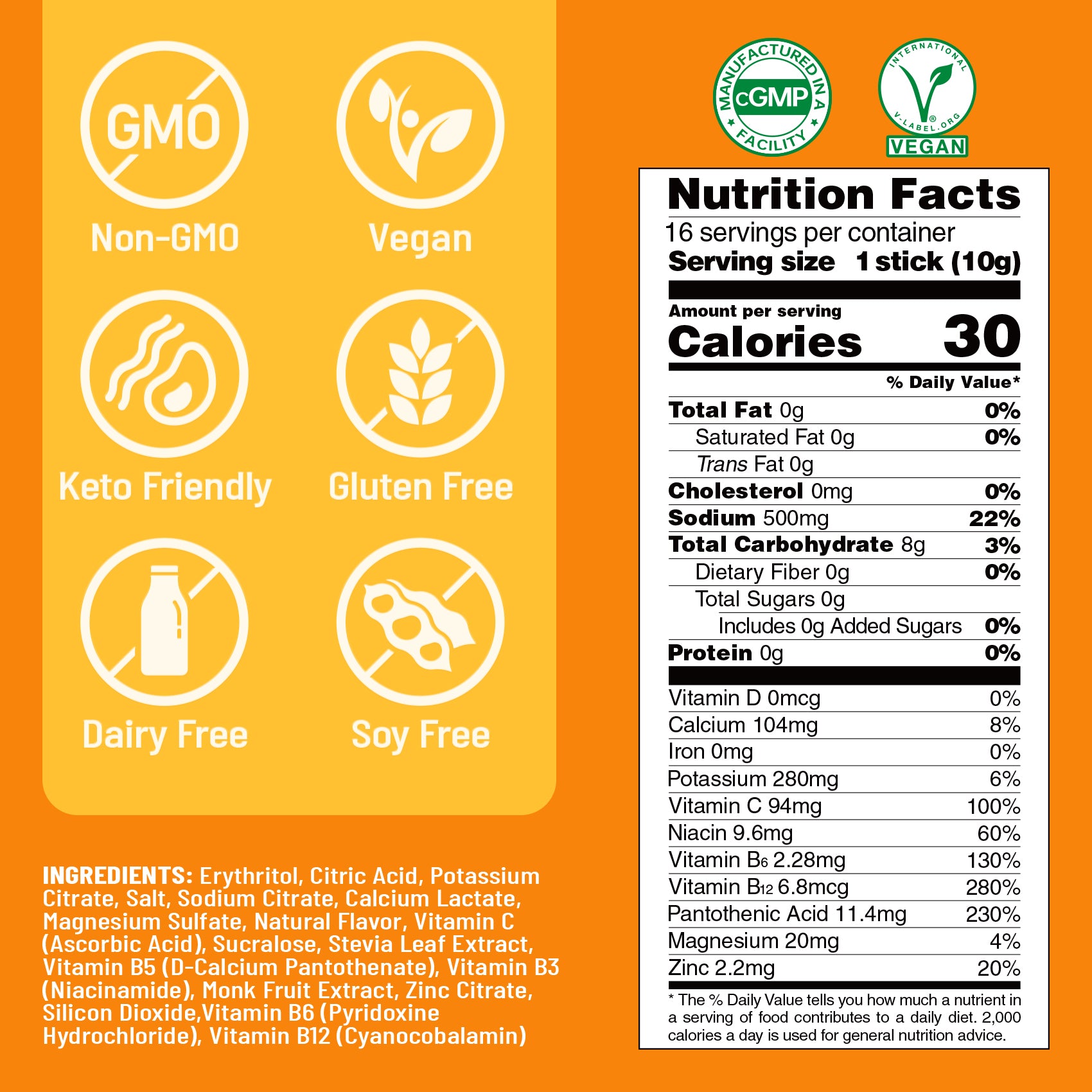 Sugar Free Electrolyte Powder Packets - Orange Flavor - 16 Sticks