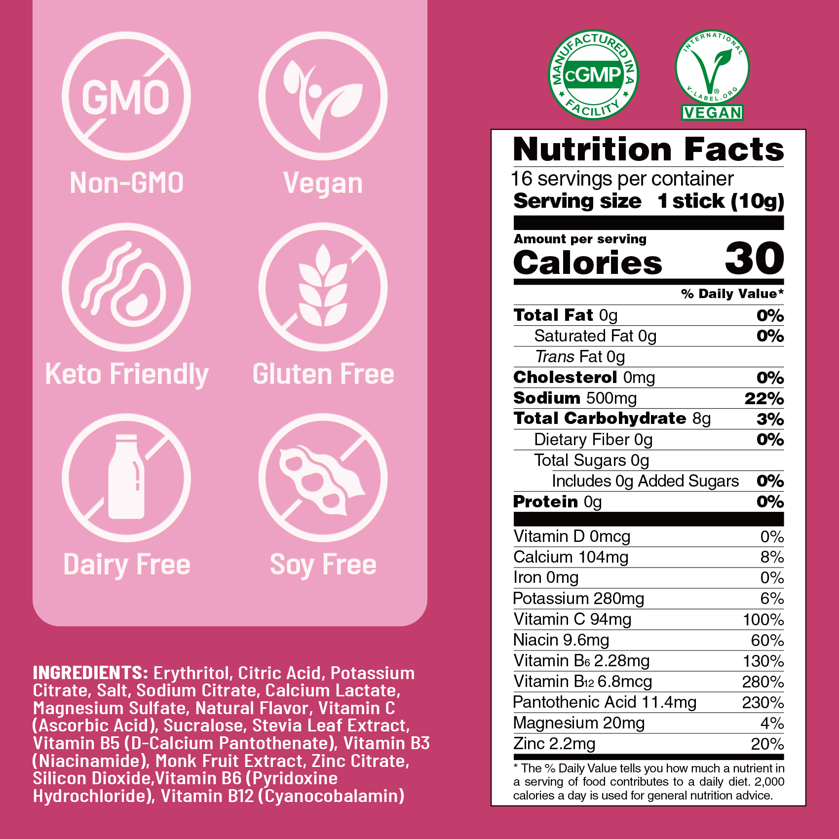 Sugar Free Electrolyte Powder Packets - Raspberry Flavor - 16 Sticks