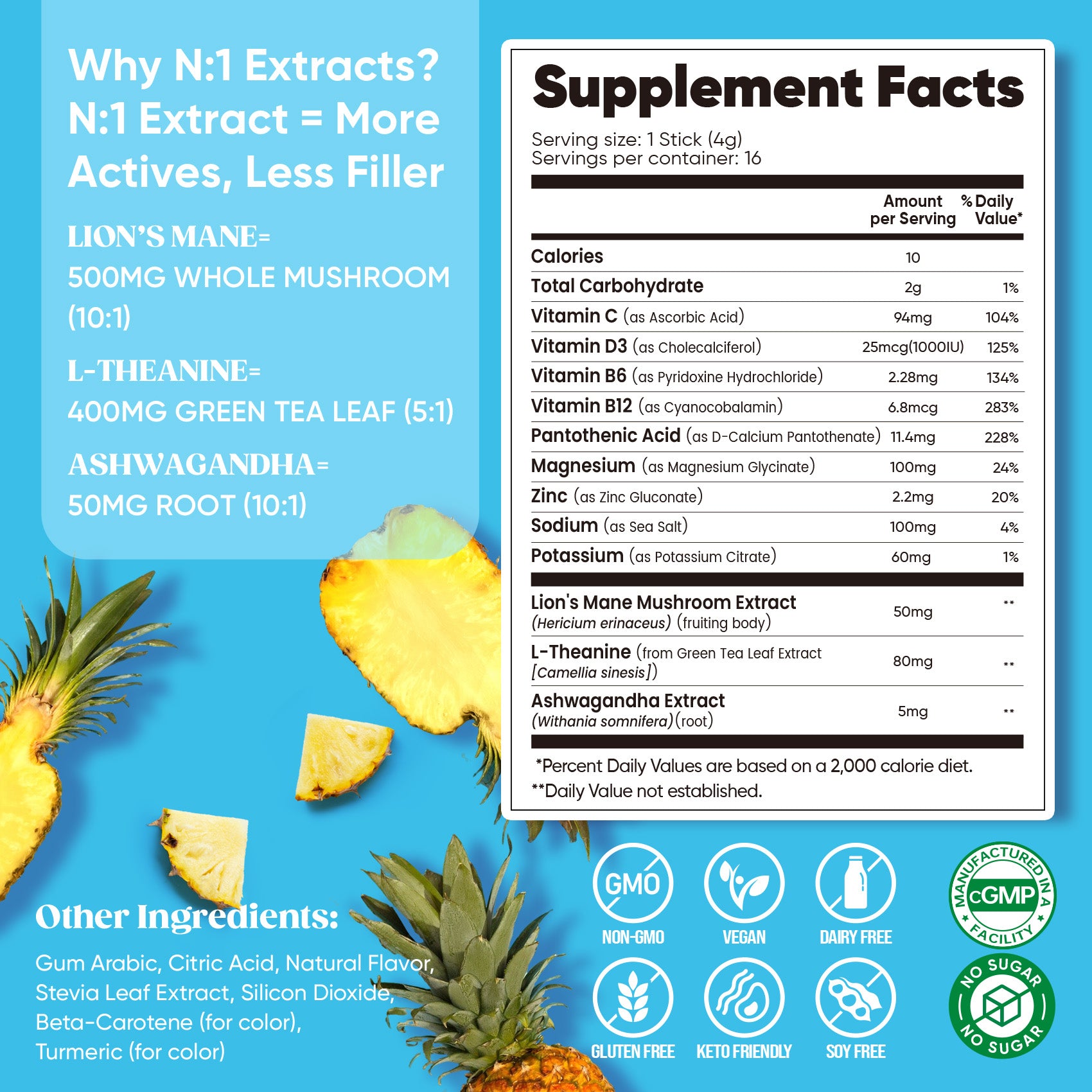 Magnesium Glycinate Powdered Drink Mix - Pineapple- 16 Sticks