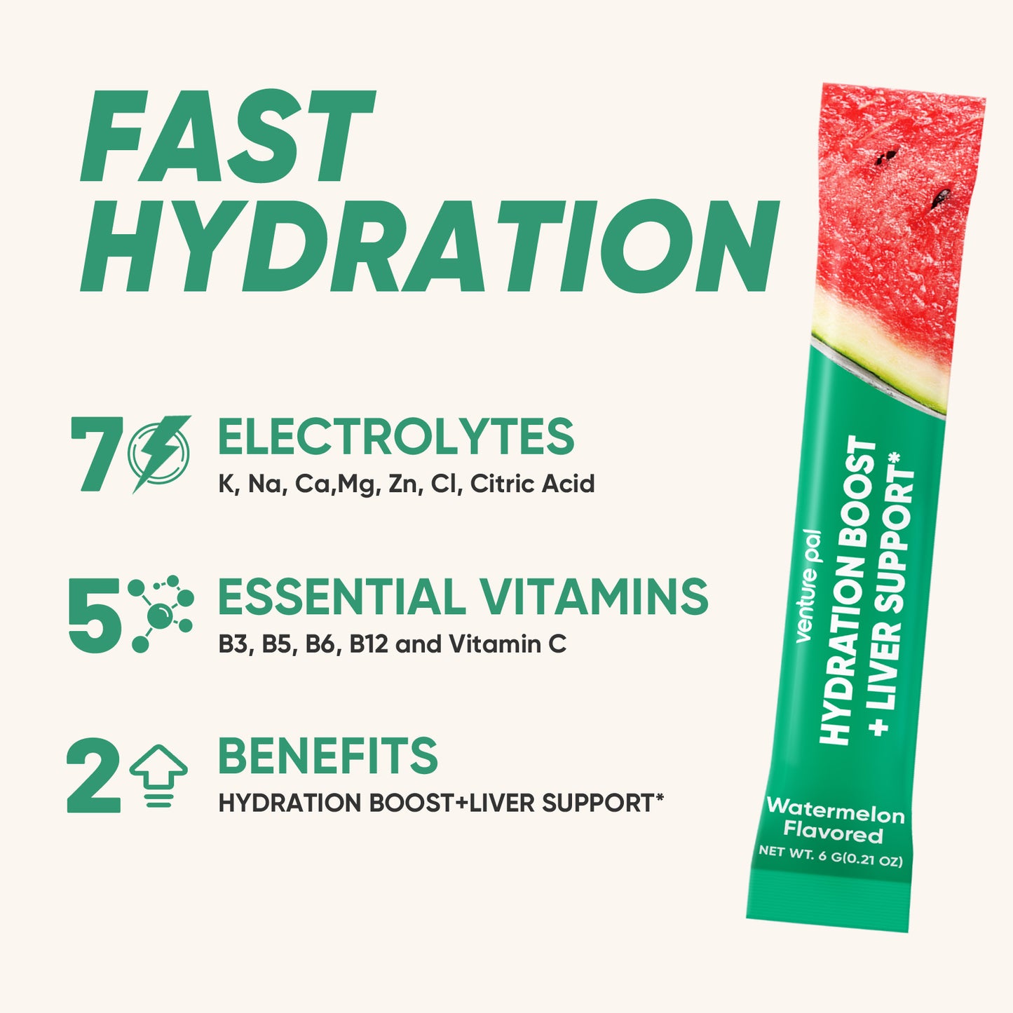 Venture Pal Liver Support Sugar Free Electrolyte Powder Packets - Watermelon- 12 Sticks