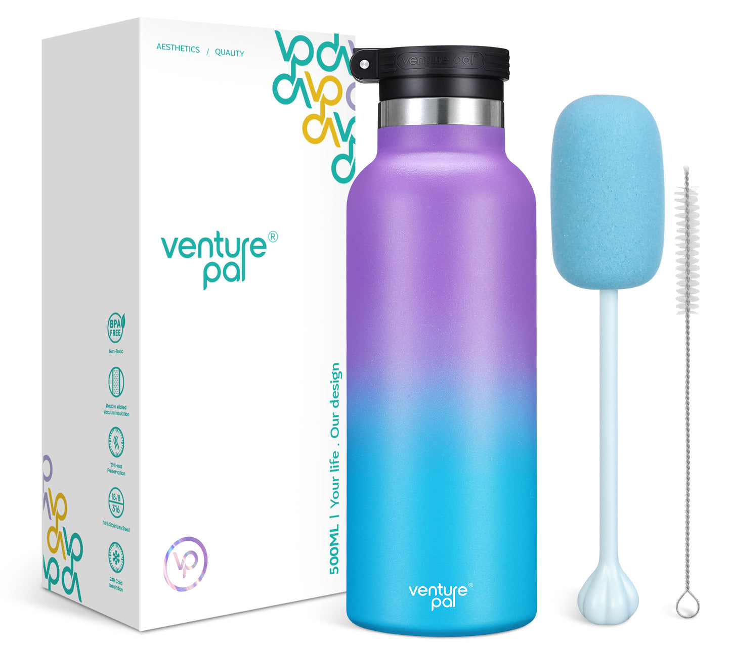 Venture Pal 17oz Vacuum Insulated Water Bottle with Straw Lid & Portable Carrying Handle - Comes with a Complimentary Cleaning Brush and Straw Brush
