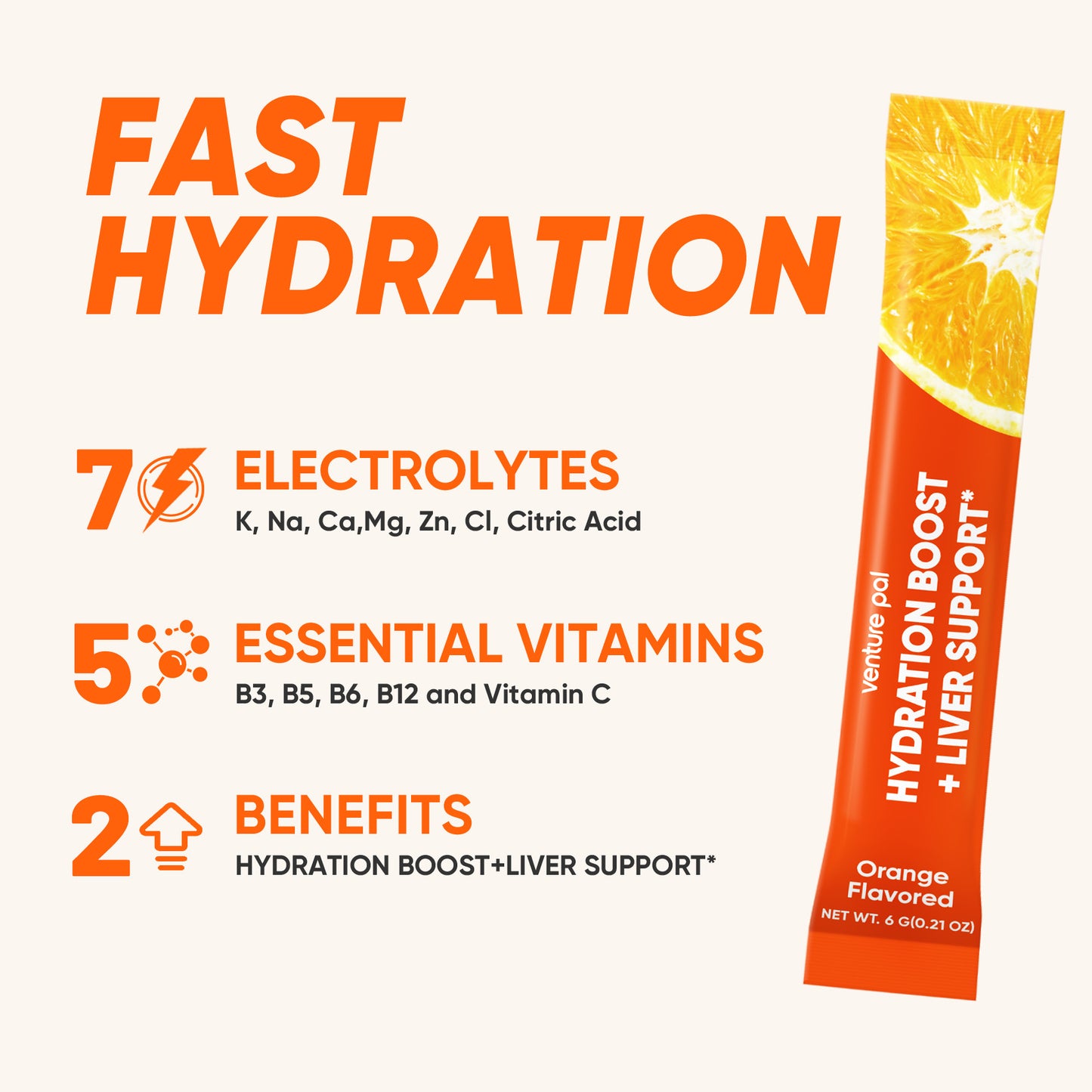 Venture Pal Liver Support Sugar Free Electrolyte Powder Packets - Orange- 12 Sticks