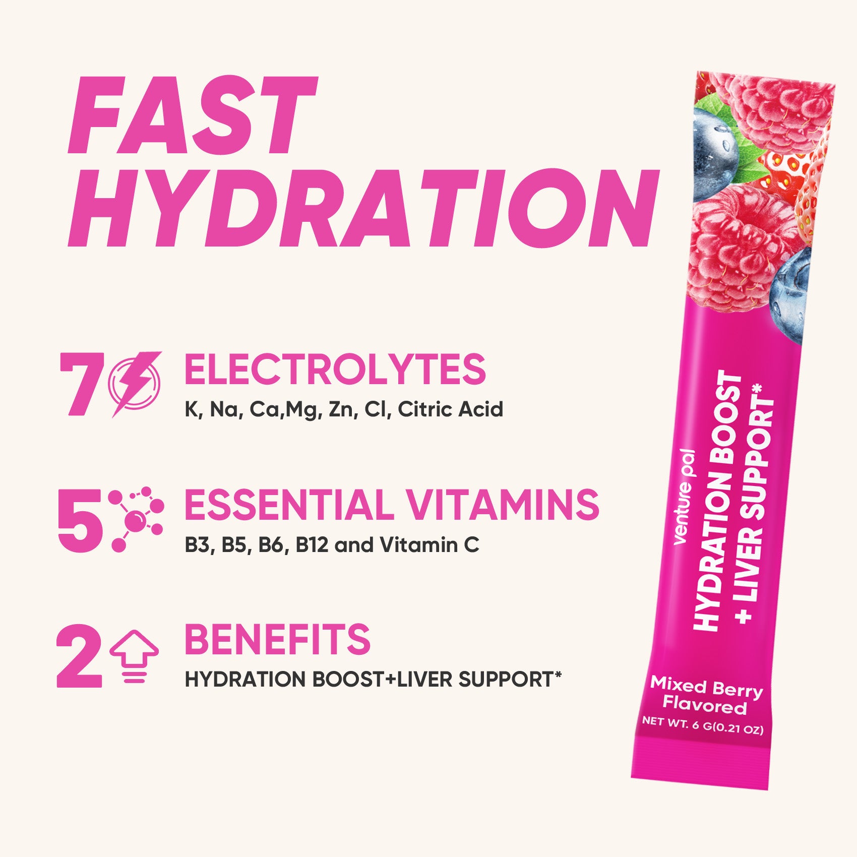 Venture Pal Liver Support Sugar Free Electrolyte Powder Packets - Mixed Berry - 12 Sticks
