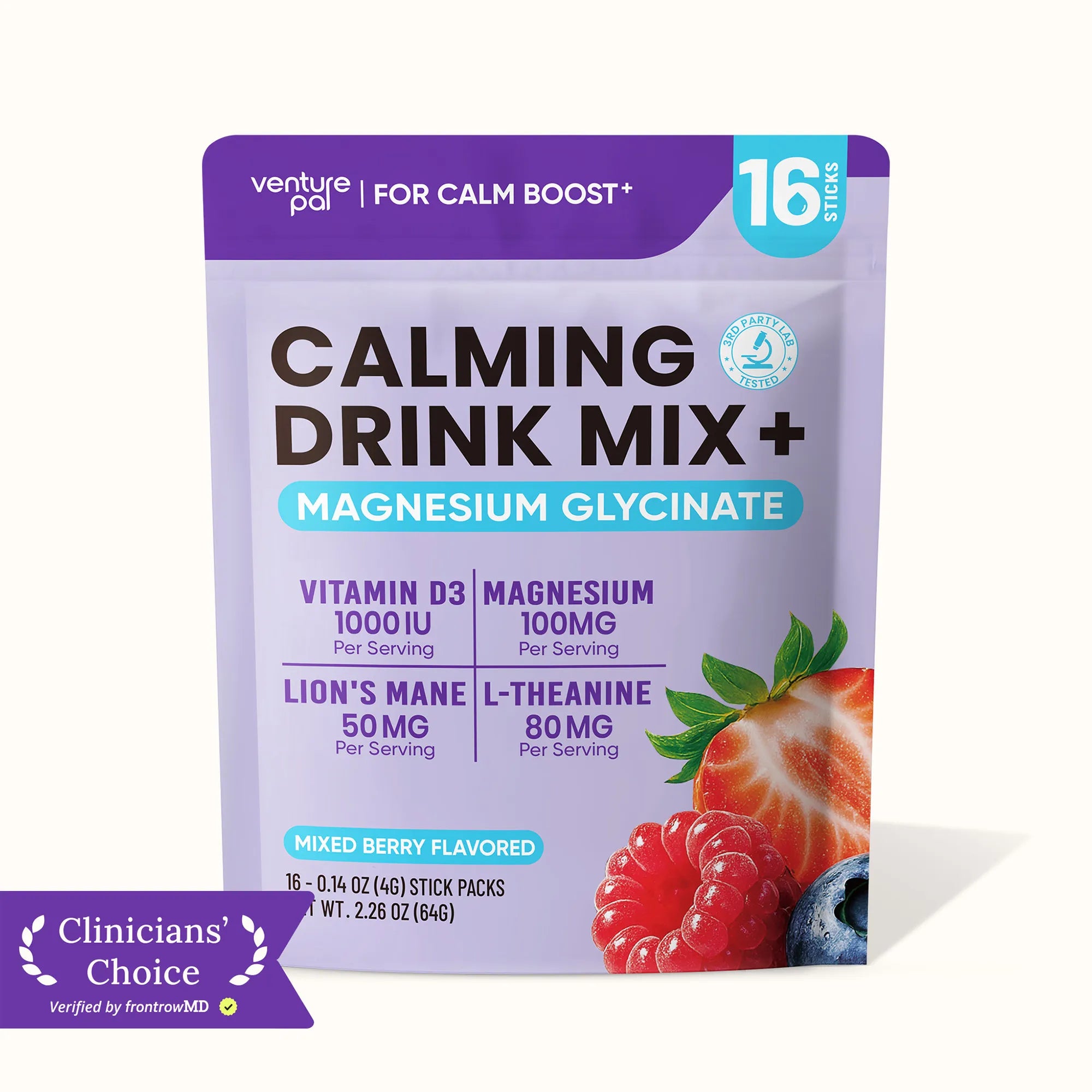 Magnesium Glycinate Powdered Drink Mix - Mixed Berry- 16 Sticks