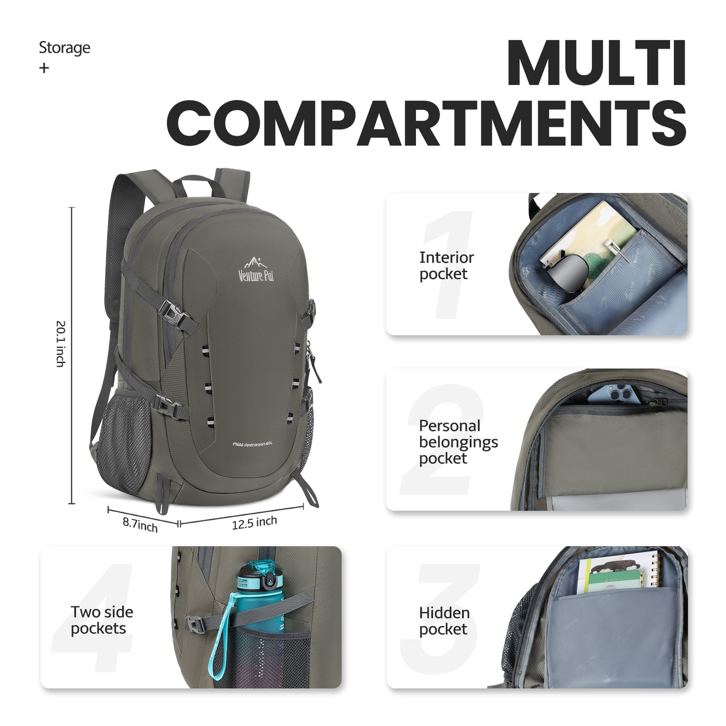 Venture Pal Gray 40L Nylon Backpack with Wet Pocket and Multi Compartment