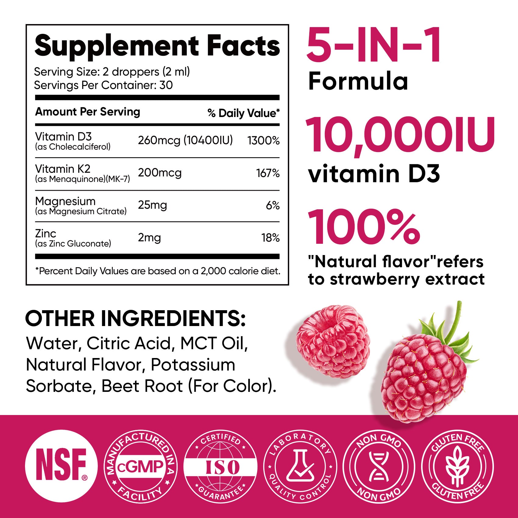 Vitamin D3 10000 IU Plus K2 (MK-7) - Raspberry Flavor - 200 mcg Liquid Drops