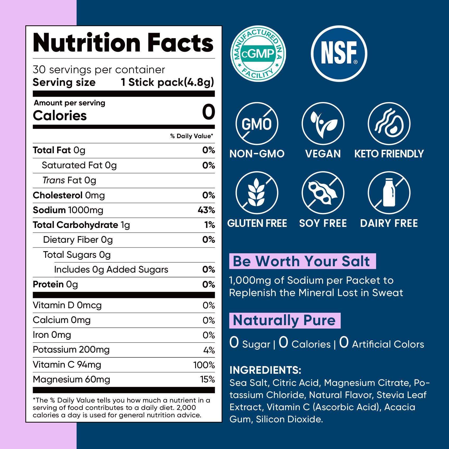 High Sodium Sugar Free Electrolytes Powder Packet -Mixed Berry Salt - 30 Sticks